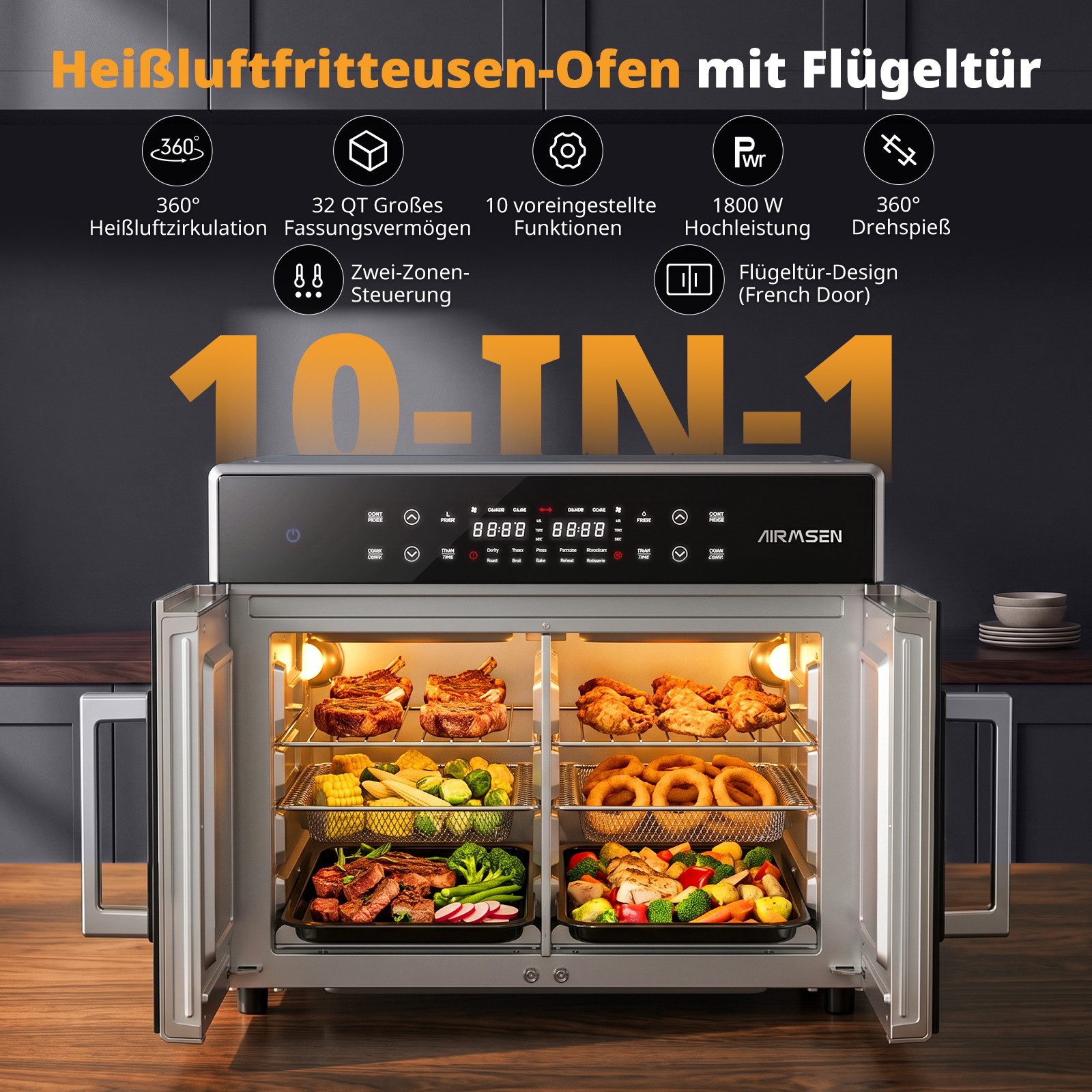 Airmsen Minibackofen 30L XL Heißluftfritteuse mit Doppeltür,2400W Minibackofen Umluft, 10 voreingestellte Programme,Smartes Zwei-Zonen-Garen,11 Zubehör