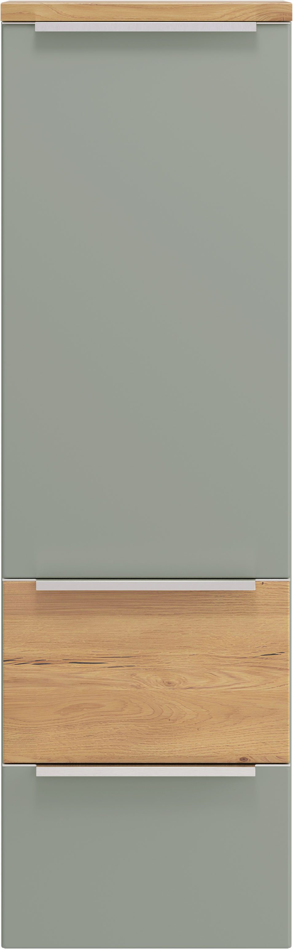 welltime Midischrank TRIENT, Midischrank 40 cm, Softclose-Auszüge und gedämpfte Scharniere (Maße (B/H/T): ca. 40/130/35 cm) Schilfgrün/Wildeiche, Softclose-Metallauszüge