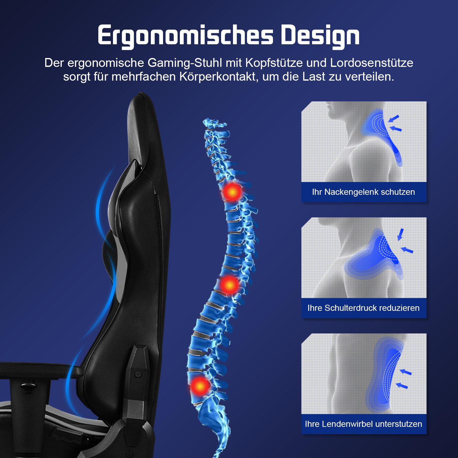 Hiazurm Gaming-Stuhl Gaming Stuhl, Bürostuhl Ergonomisch, Gaming Chair (Ergonomischer Gamer Stuhl mit Wippfunktion, bis 150 kg Belastbarkeit), Gaming Stuhl Büro – Bild 4 von 5