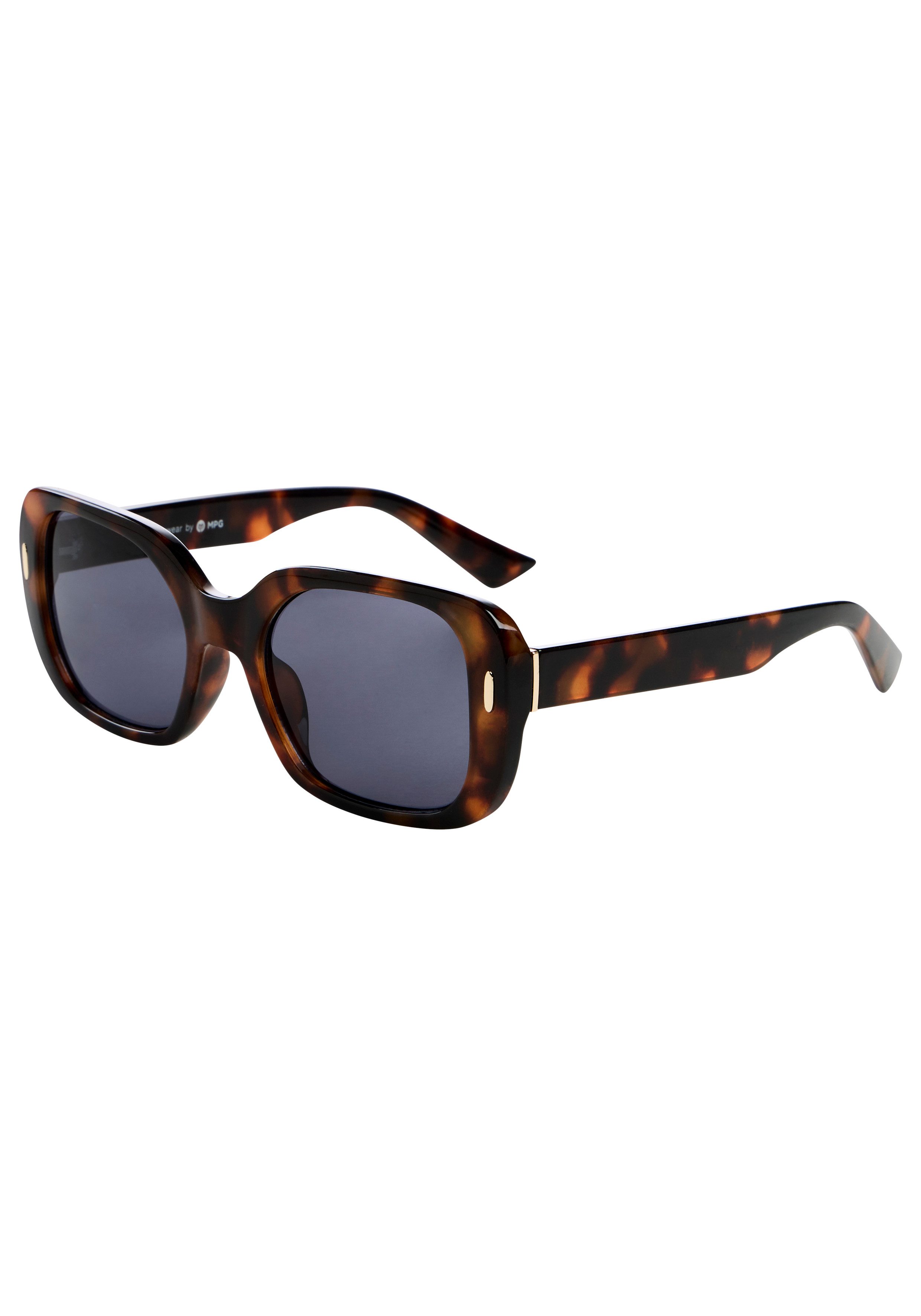 Laura Scott Sonnenbrille mit goldfarbenen Metalldetail am Bügelansatz braun gemusterter Vollrandrahmen, graue Gläser mit hohem Blendschutz
