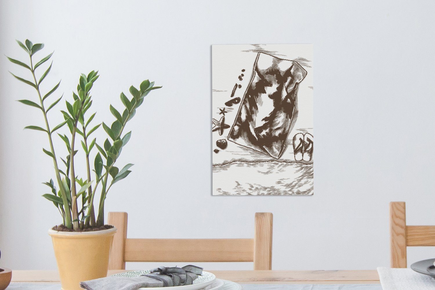 OneMillionCanvasses® Leinwandbild 20x30 bespannt St), (1 Zackenaufhänger, Hausschuhe inkl. Gemälde, cm - - fertig Leinwandbild Strand, Handtuch
