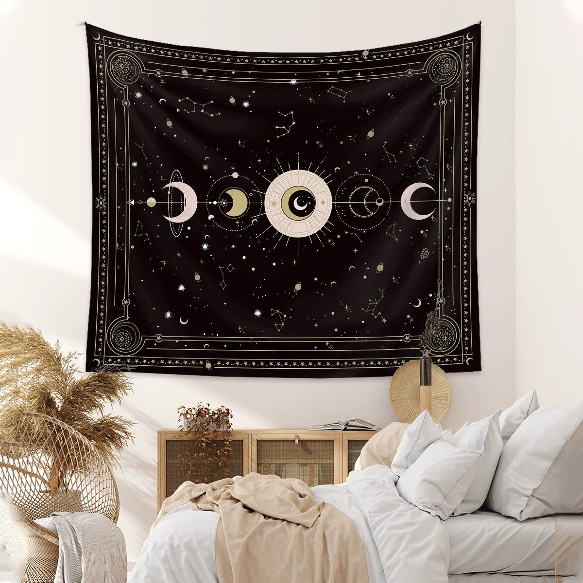 Zyronn Wandteppich Mondphasen-Wandteppich,Wandbehang Deko,Tarot Wanddeko,Boho-Stil, Retro-Astrologie-Wanddekoration für Schlafzimmer und Wohnzimmer