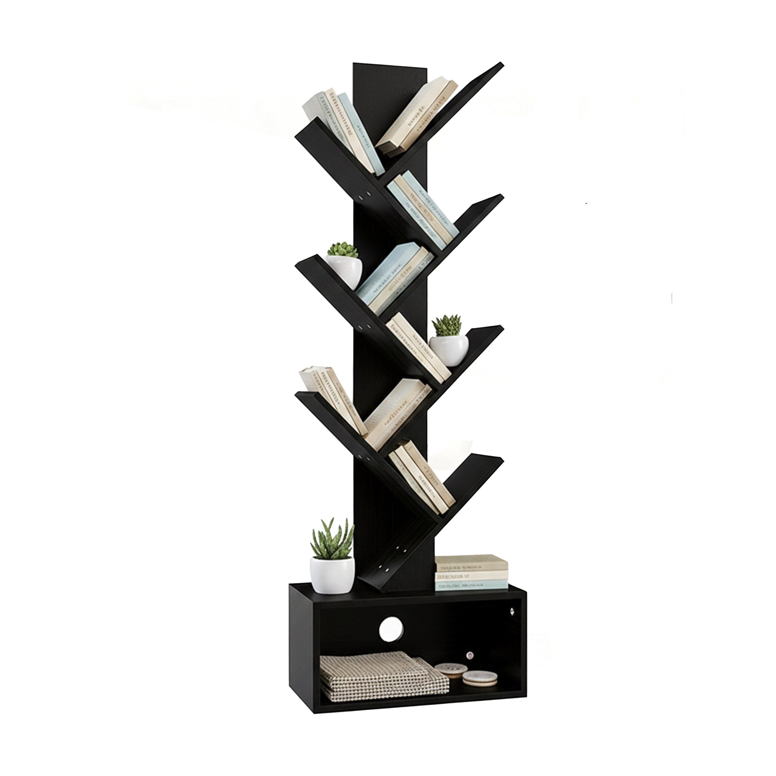 relaxdays Bücherregal 6 Ebenen Baum Desig, schwarz