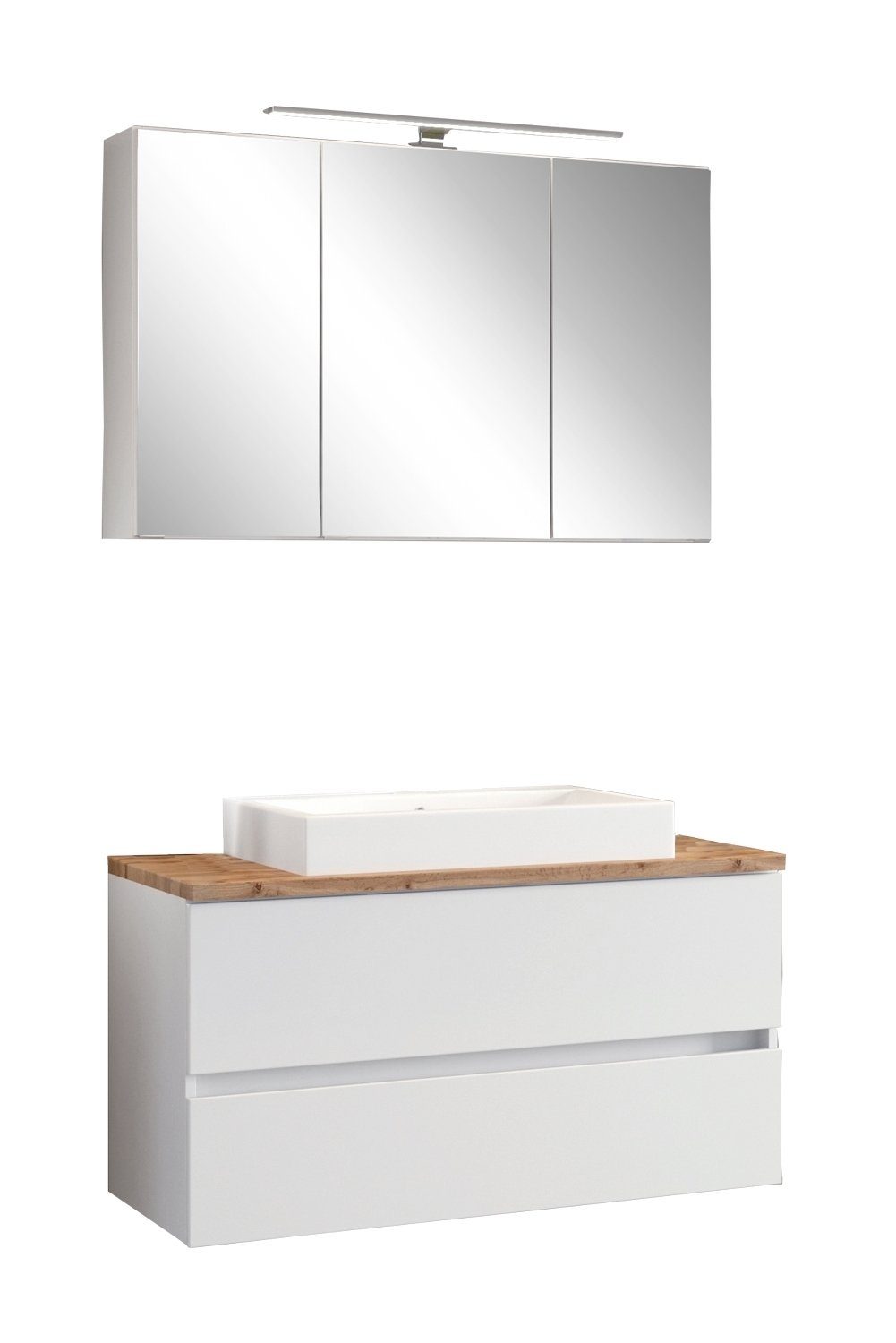 (3-St), Weiß, Badkombination HELD Spiegelschrank Keramikwaschbecken mit Waschtisch-Set mit MÖBEL Dekor, LED-Beleuchtung, PIENZA, Eiche Wotan