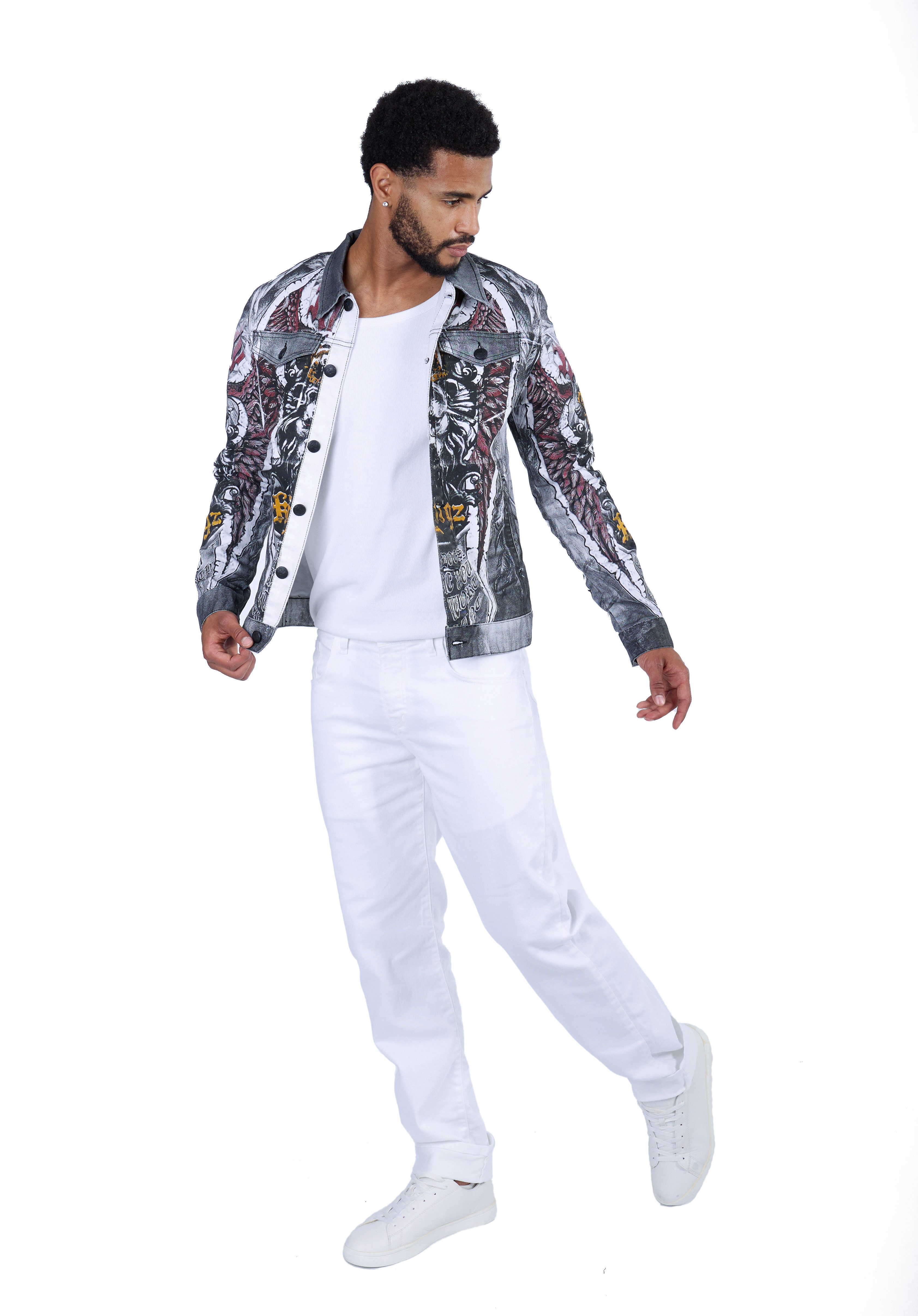 KINGZ Jeansjacke Designer Nieten Jeansjacke mit All-Over Print Weiß M