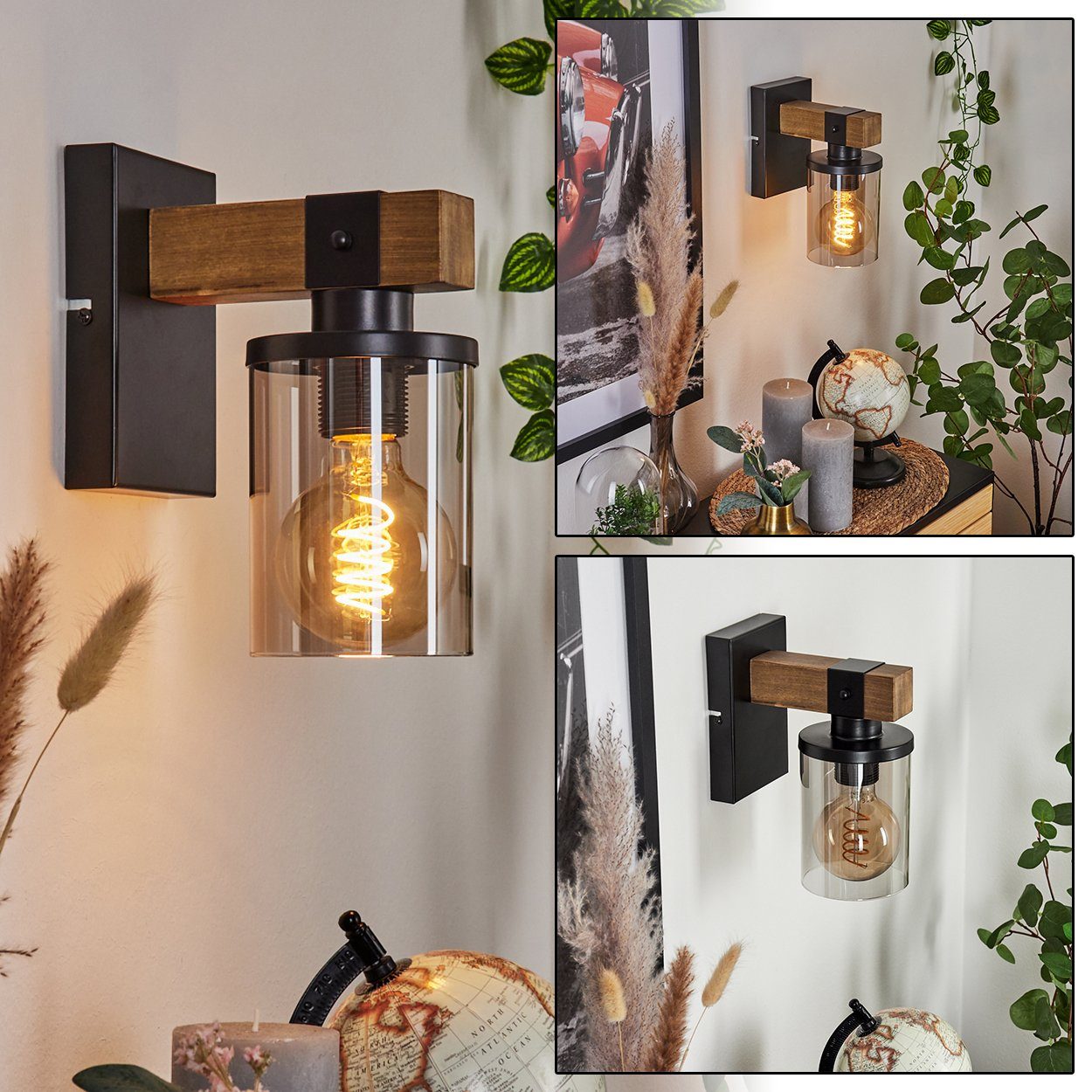 hofstein Wandleuchte »Ramera« Wandlampe aus Metall/Holz/Glas in Schwarz/Nat günstig online kaufen