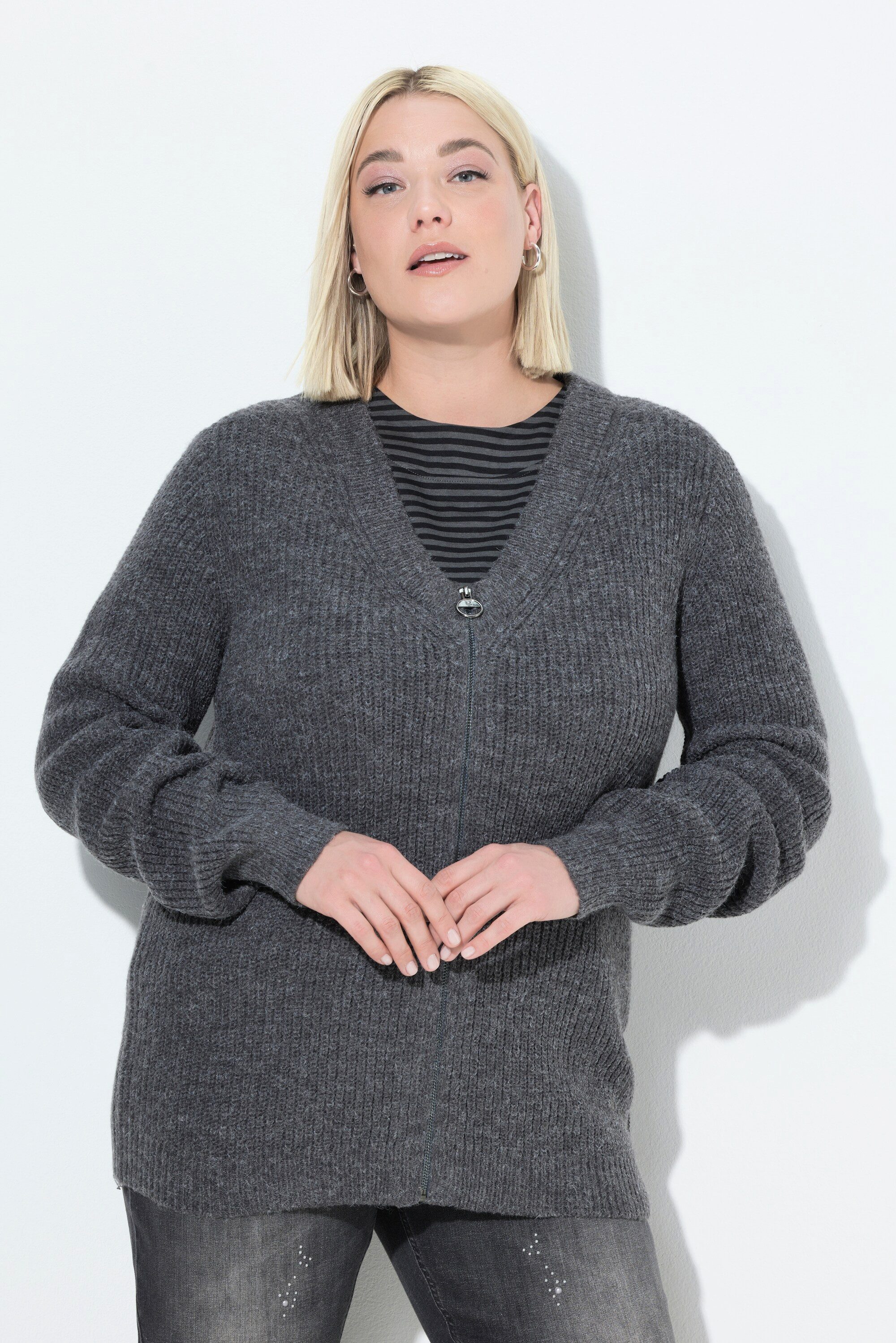 Ulla Popken Strickjacke Strickjacke Patentstrick V-Ausschnitt Langarm günstig online kaufen