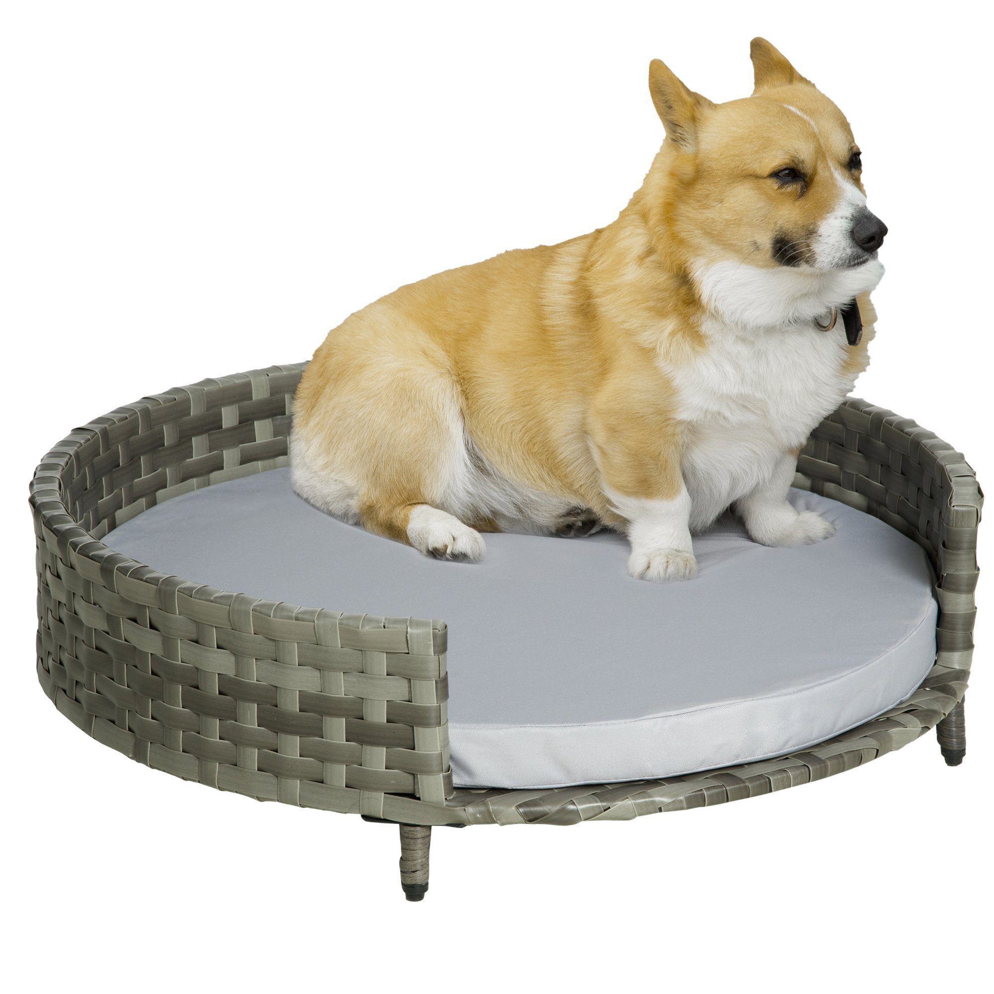PawHut Tierbett Hundesofa, Stahl, Oxfordstoff, PE-Rattan, Schaumstoff, Grau 75 x 75 x 20 cm