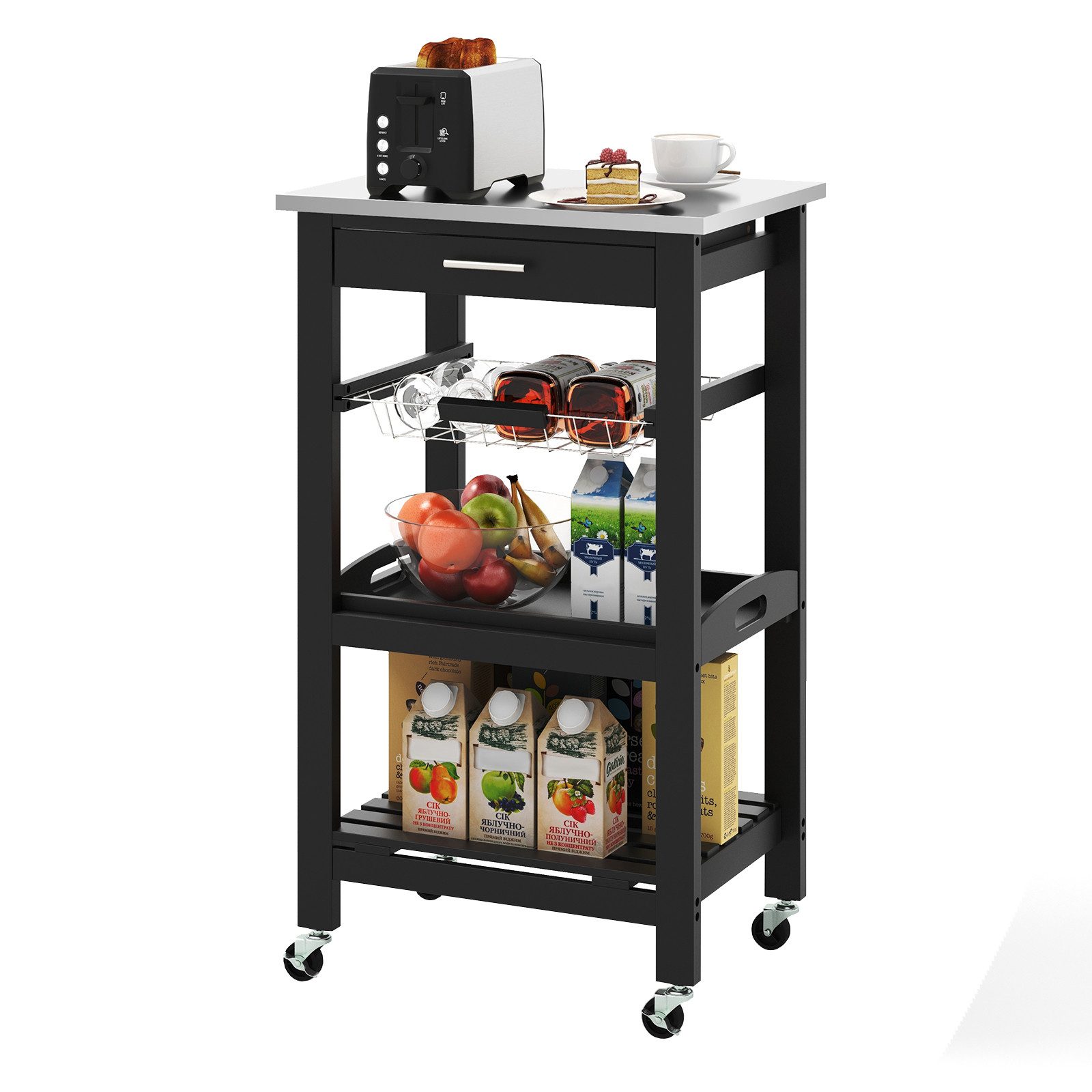 COSTWAY Servierwagen, mit Schublade, Korb & Serviertablett, auf Rollen