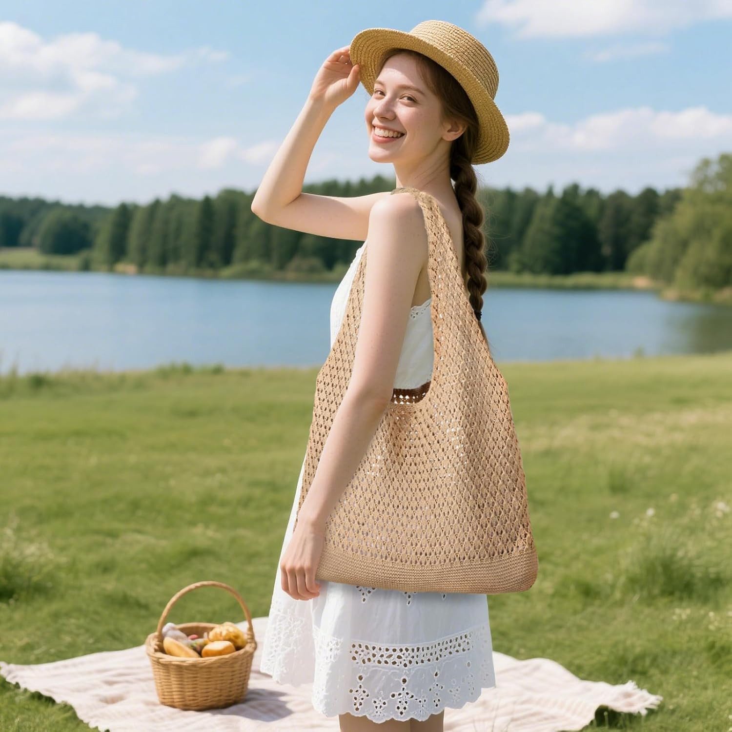 FOUORTUNATE-BEE Schultertasche Boho Stricktasche – Groß, vielseitig und perfekt für den Alltag, Modische Bohemian Stricktasche für Freizeit und Alltag