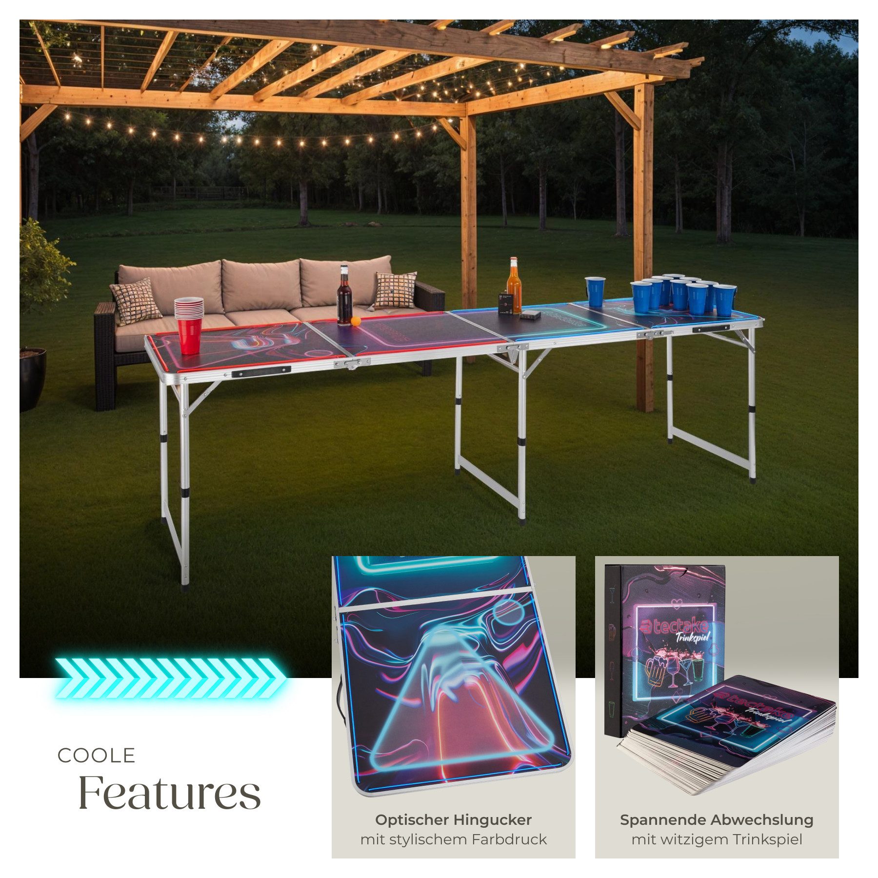 tectake Spieltisch Bierpongtisch, inklusive 100 Bechern, 6 Bällen und Kartentrinkspiel, (Beerpong-tisch BeerWars I), mit LED-Beleuchtung, klappbar und höhenverstellbar, Tragegriffe