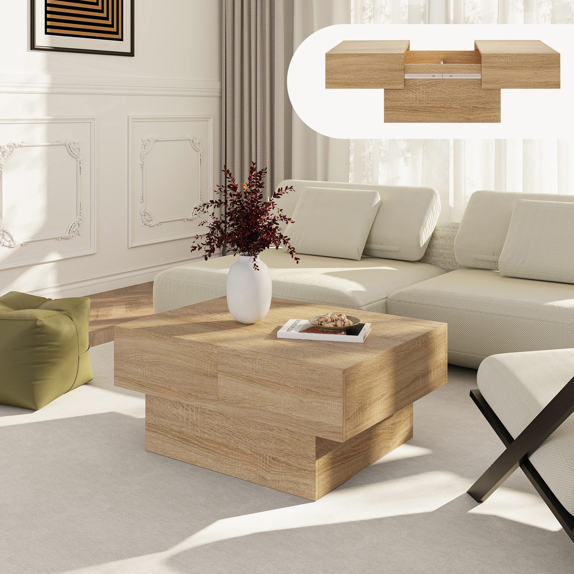 en.casa Couchtisch, ausziehbar »Lens« mit Stauraum 80x60x36 cm Eicheoptik