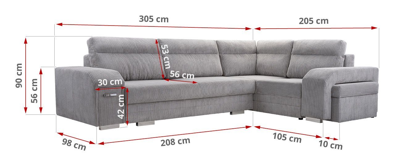ALVA, und Ecksofa Minibar mit Hocker Sofa Mit MÖBEL - L-Form Lincoln Hellgrau Schlaffunktion MKS