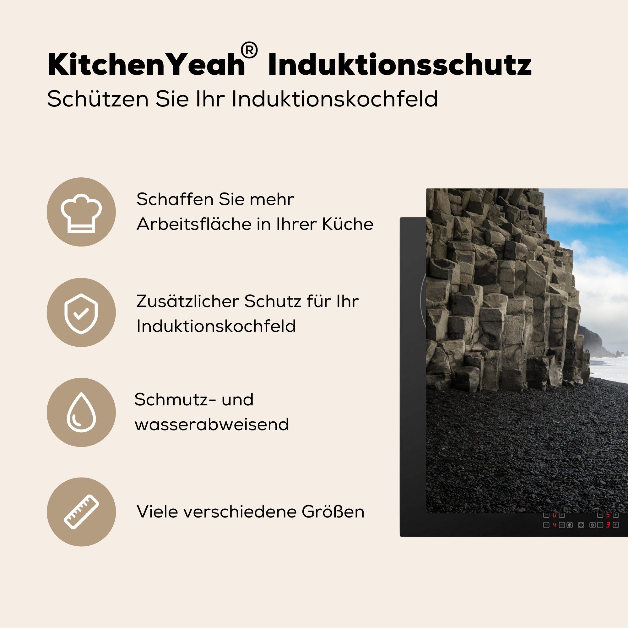 für Schutz MuchoWow Induktionskochfeld die Basalt, tlg), Vinyl, Island Herdblende-/Abdeckplatte cm, Strand - Ceranfeldabdeckung küche, (1 81x52 -