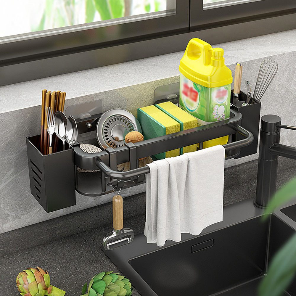 TUWENA Küchenorganizer-Set Spülbecken Organizer Hängend,Kein Bohren Spüle Organizer Schwammhalter, Küchenutensilienhalter mit 2 Stäbchenhalter, Handtuchhalte und Haken