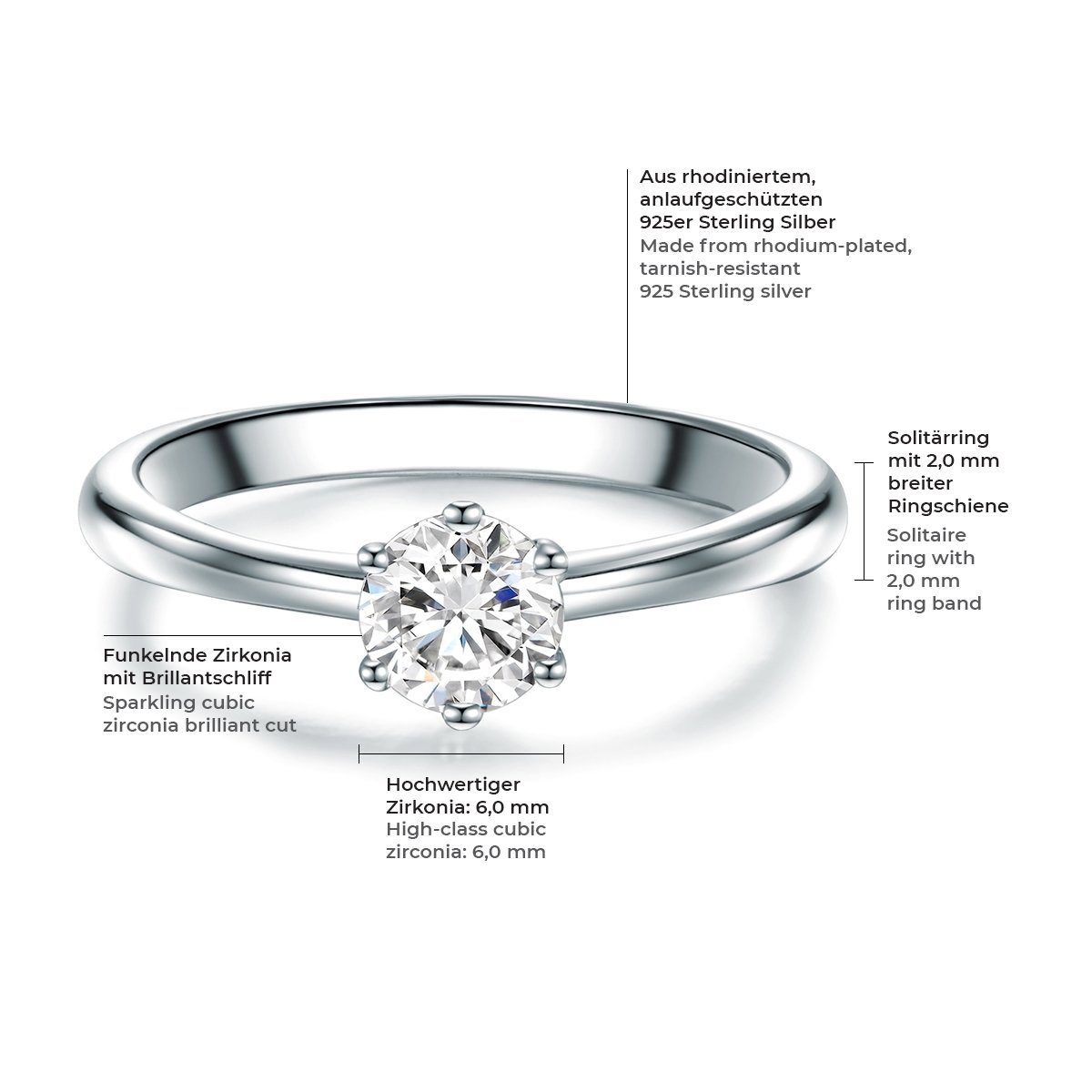 925 Silberring Verlobungsring Zirkonia Silber, Sterling Trilani aus mit