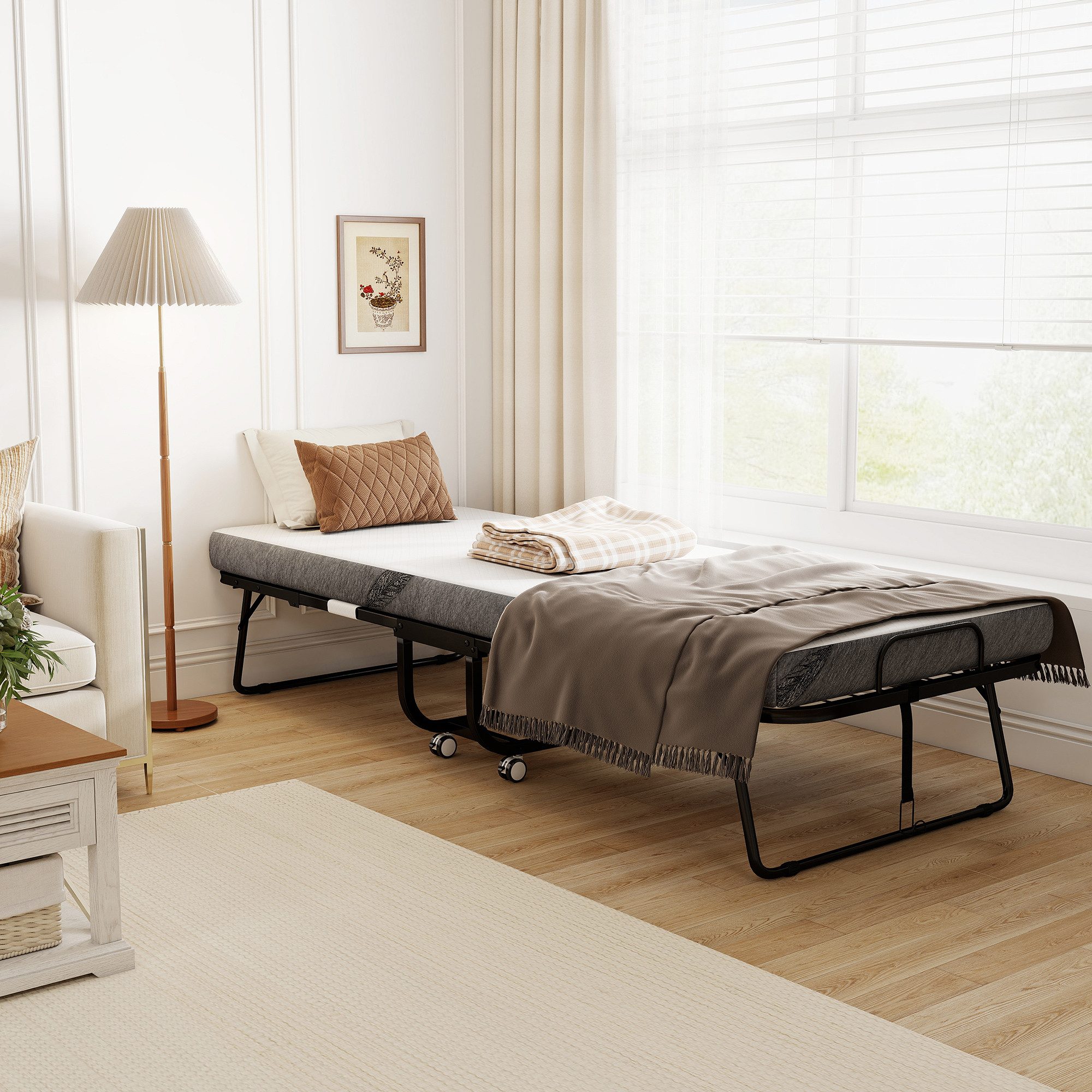 HOMCOM Gästebett Klappbett mit Rollen (Stahl+Schaumstoff, 1-St., Weiß+Schwarz) 200 x 80 x 42,5 cm