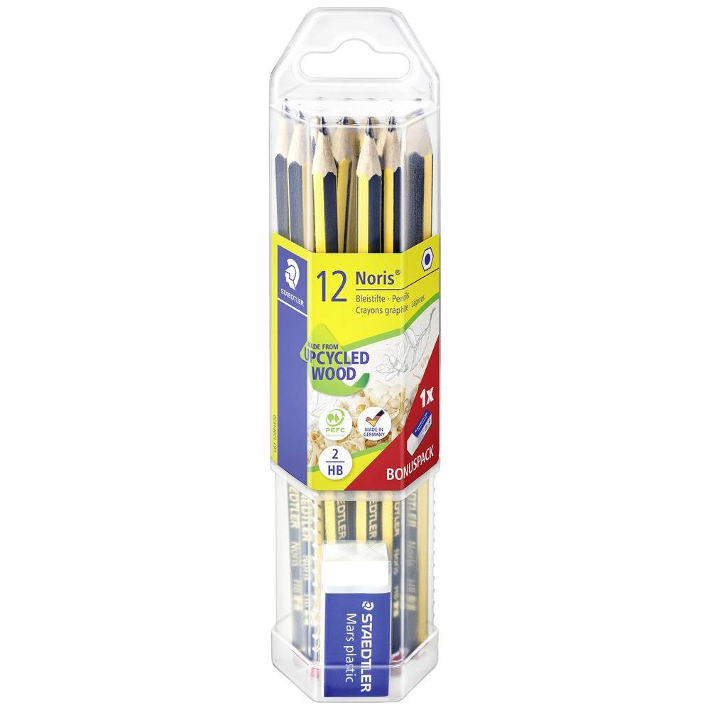 STAEDTLER Bleistift Noris 120 Bleistift, Set mit 12 Bleistiften HB und 1 61 120P1, mit Radierer