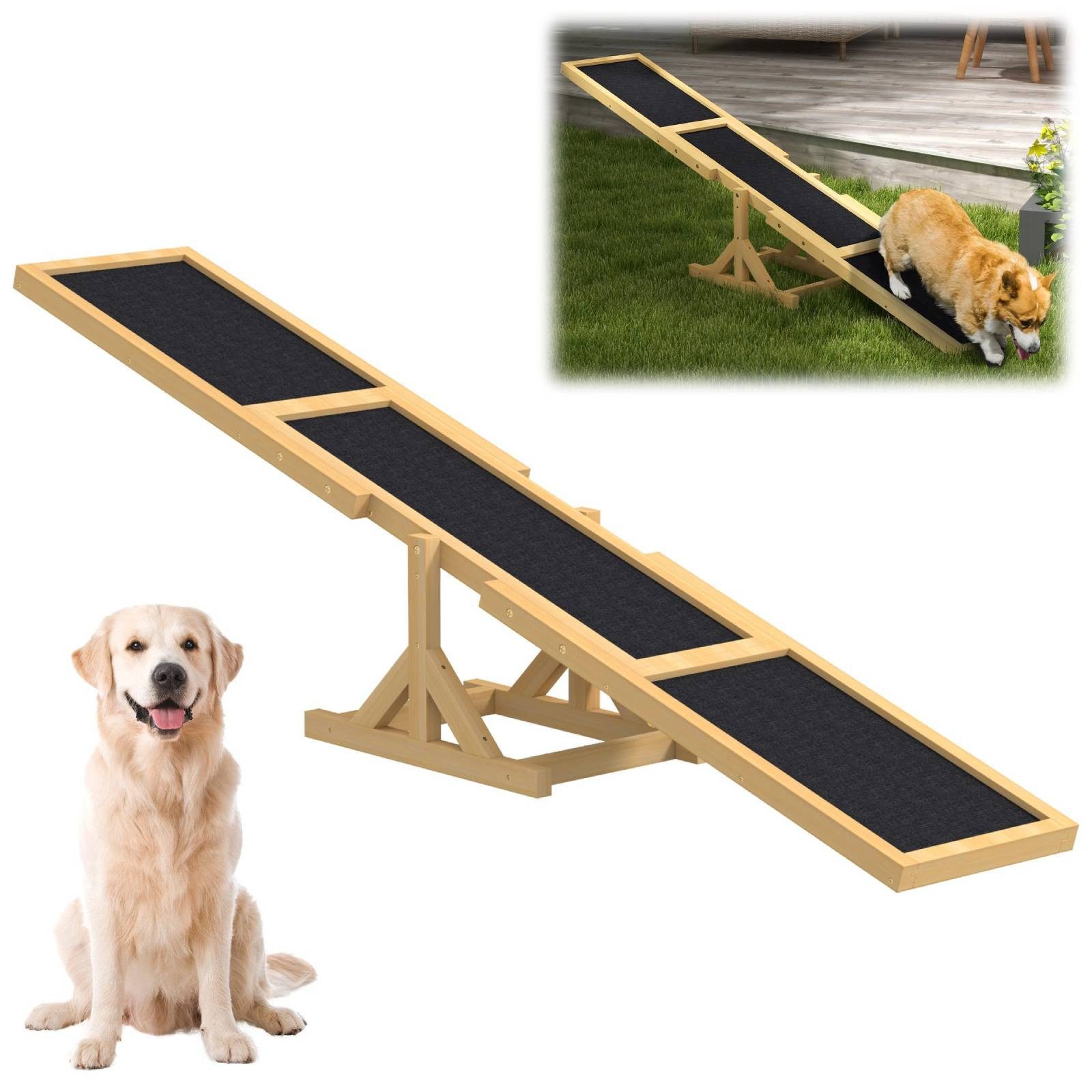 BlingBin Tier-Wippe Agility-Wippe, Hundewippe für Agility Training, Hundetraining, Tannenholz, Gesamtabmessungen: 180L x 30B x 30H cm, Belastbarkeit 50 kg (1-tlg) Agility Training für Kleine & Große Hunde, Spielzeug für Haustiere