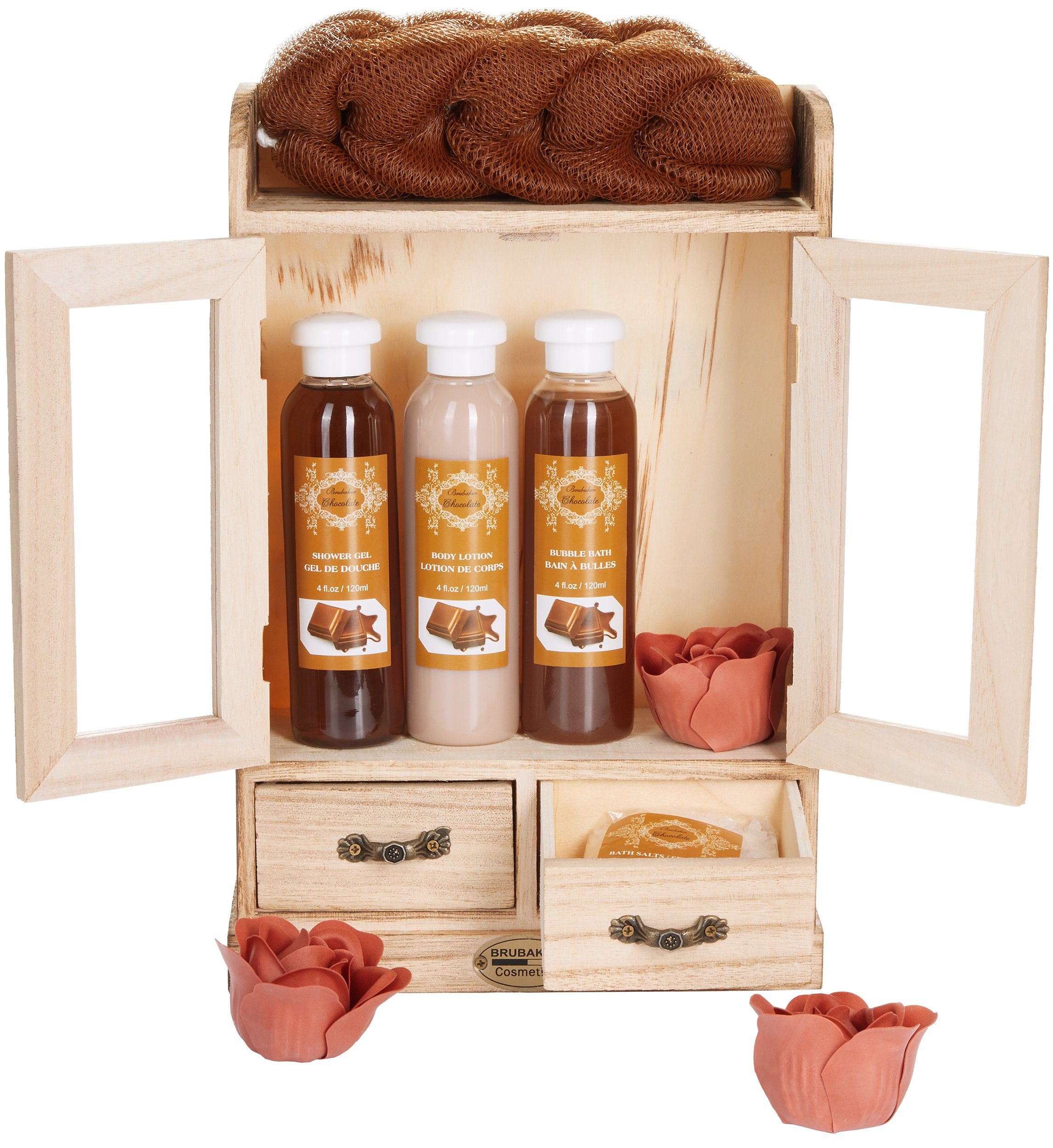 BRUBAKER Pflege-Geschenkset 2 in 1 Pflegeset Schokolade & Vanilla Rose Minze - Wellness Set, 15-tlg., Damen Dusch- und Badeset - Frauen Beauty Geschenkset mit Dekoration