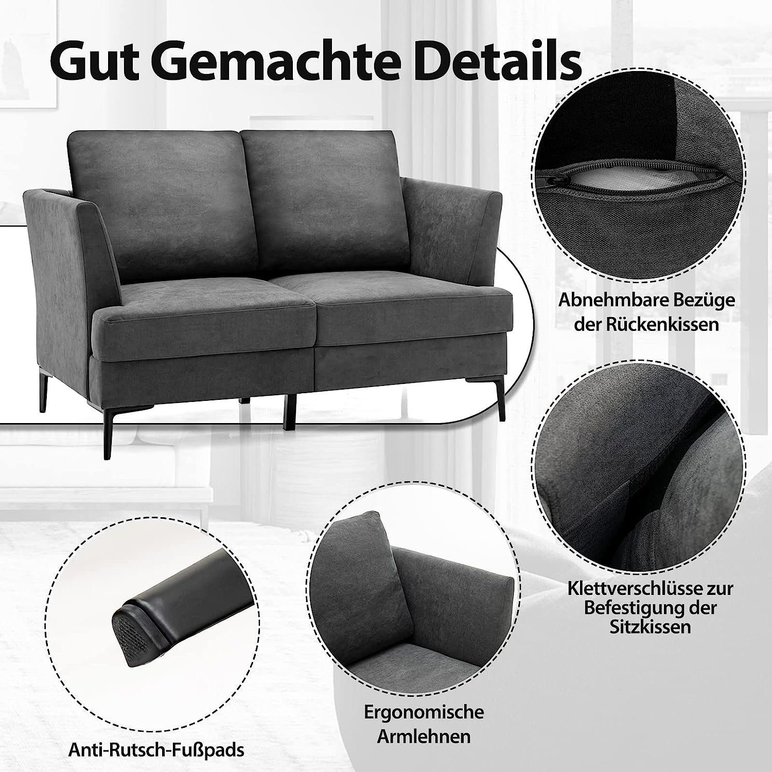 KOMFOTTEU Big-Sofa grau Doppelsofa, 141x80x72cm