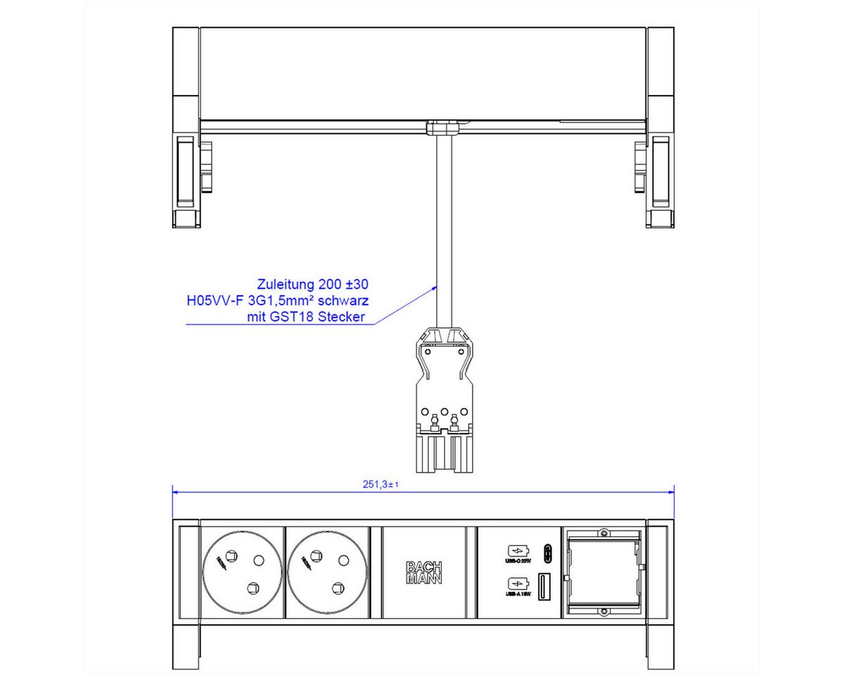 Thumbnail - Bachmann DESK2 2xUTE 1xUSB A/C 22W 1xCM 0,2m GST18 RAL9005 Steckdosenleiste (Kabellänge 0.2 m)