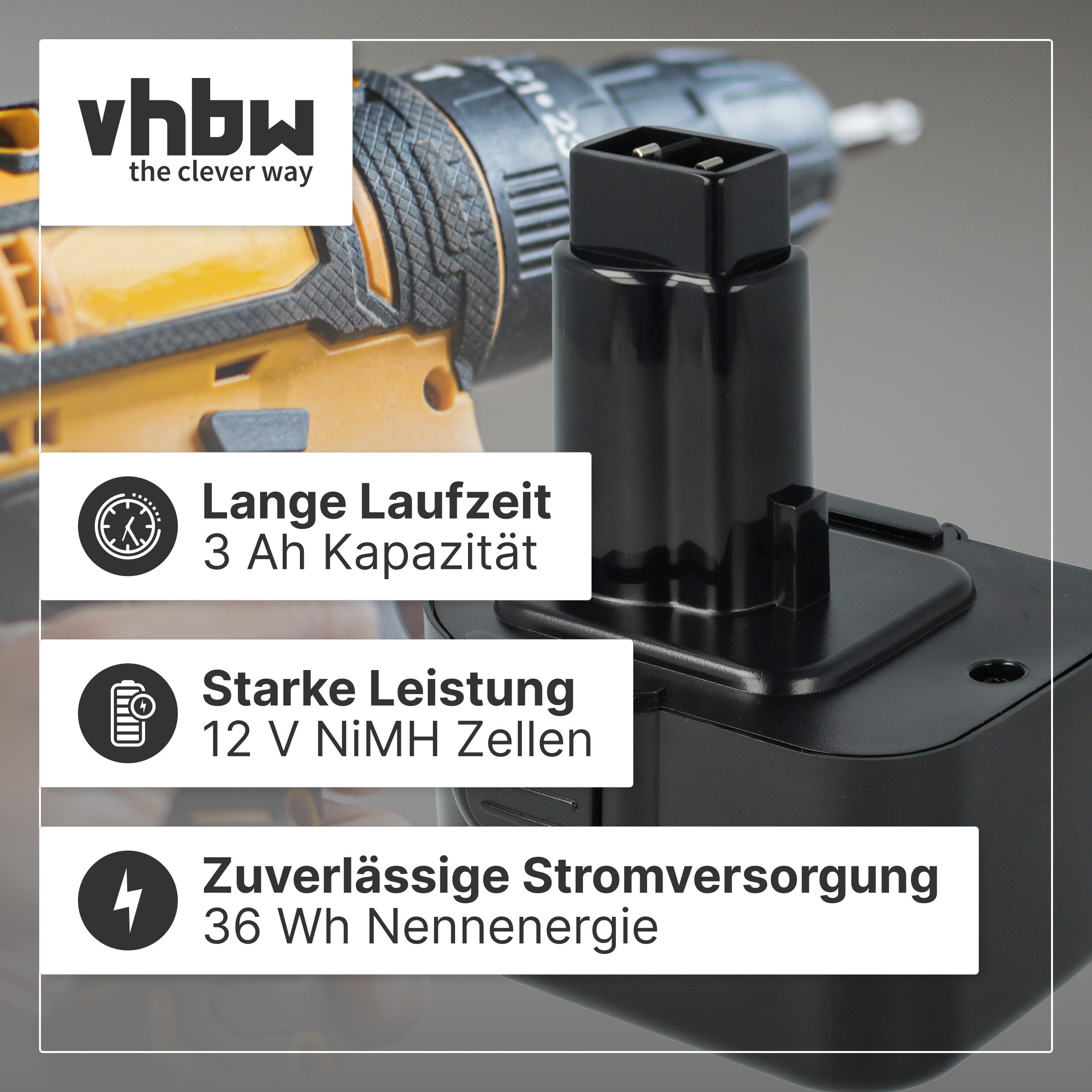 vhbw Akku passend für Black & Decker MT1203B Elektrowerkzeug (3 Ah, 12 V, Akku Akku NiMH 3000 mAh (12 V, 2 St), Leistungsfähige Austausch-Akkus für Werkzeug Powertools wie