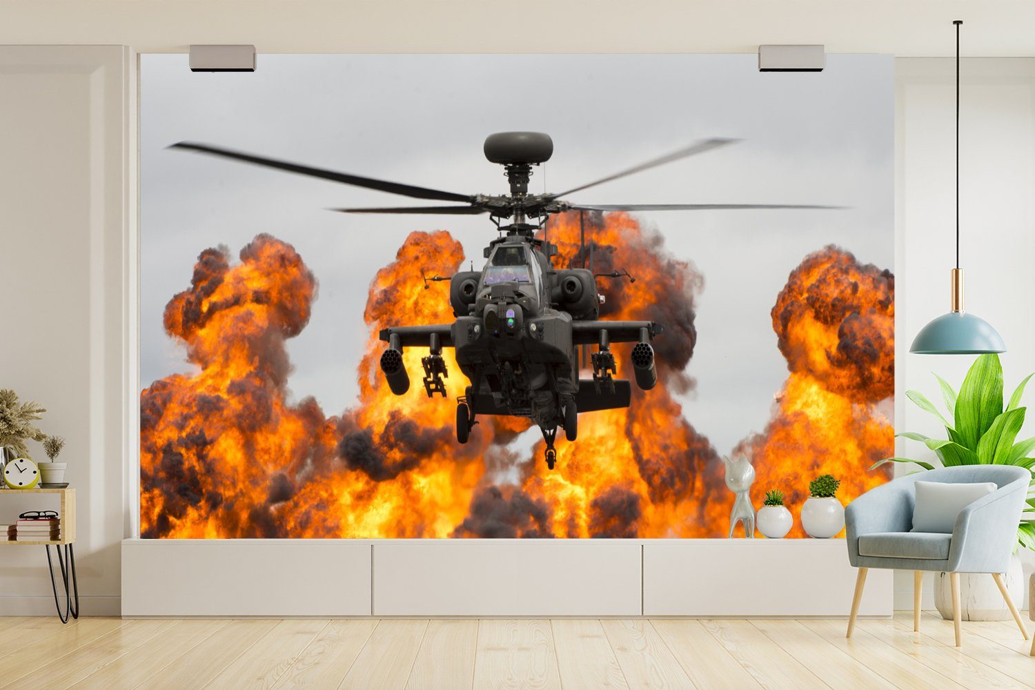 MuchoWow Fototapete Amerika - Tapete Wandtapete Hubschrauber (7 Feuer, Montagefertig Matt, Wohnzimmer, für St), bedruckt, - Vinyl