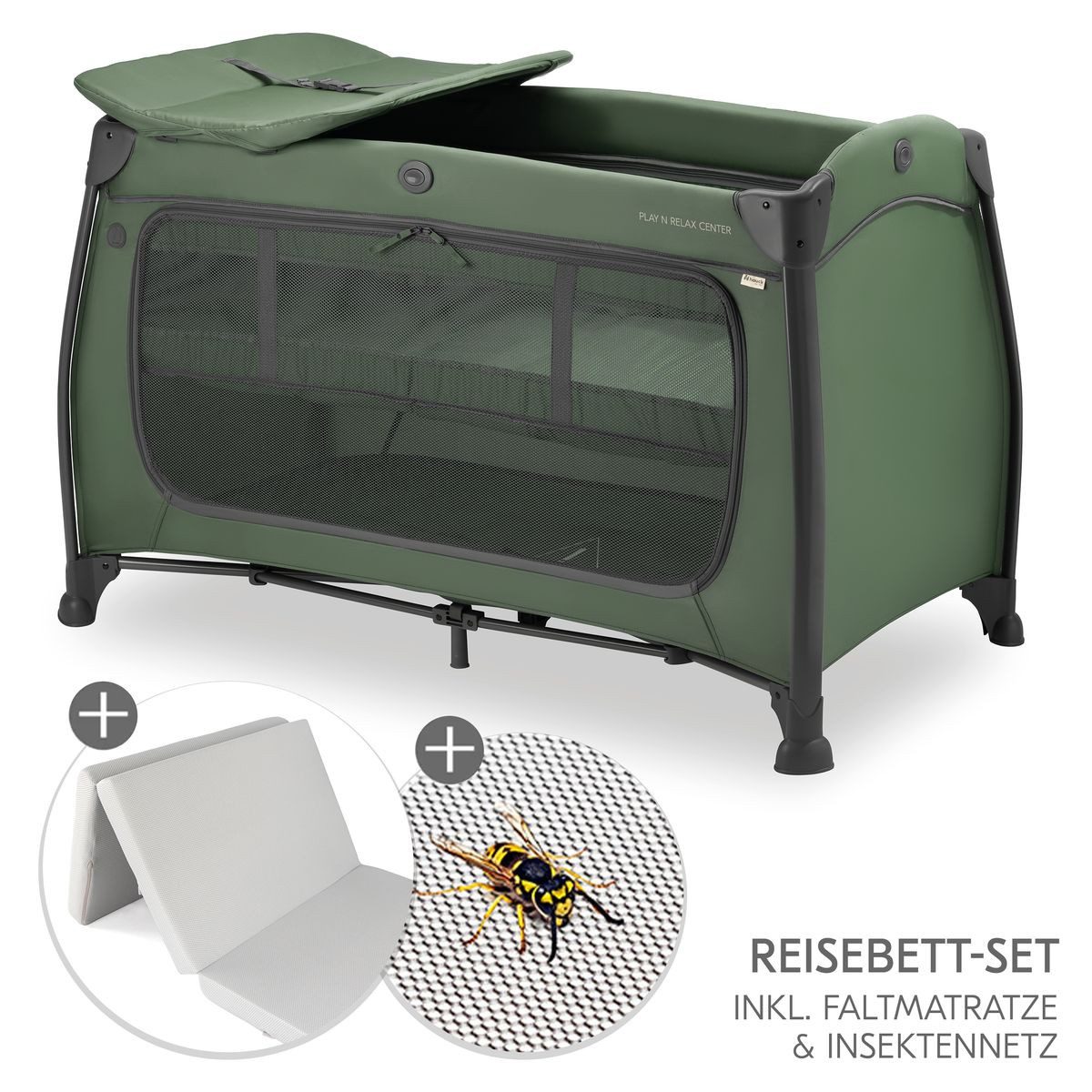 Hauck Baby-Reisebett Play N Relax Center Set - Dark Green, Babyreisebett mit Matratze, Insektenschutz, Wickelauflage & Einhang