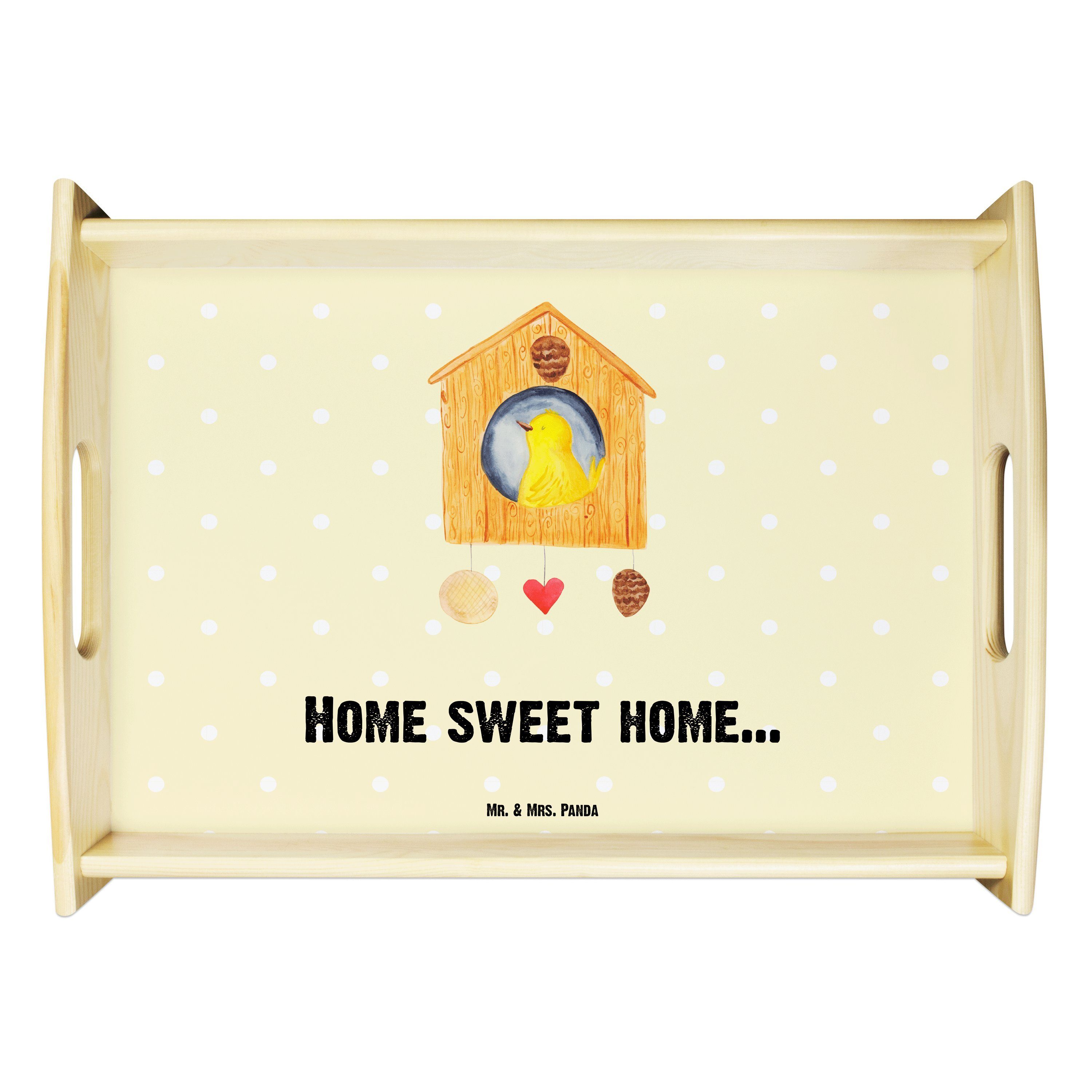Mr. & Mrs. Panda Tablett Vogelhaus sweet Home - Gelb Pastell - Geschenk, Tablett, lustige Sprü, Echtholz lasiert, (1-tlg)