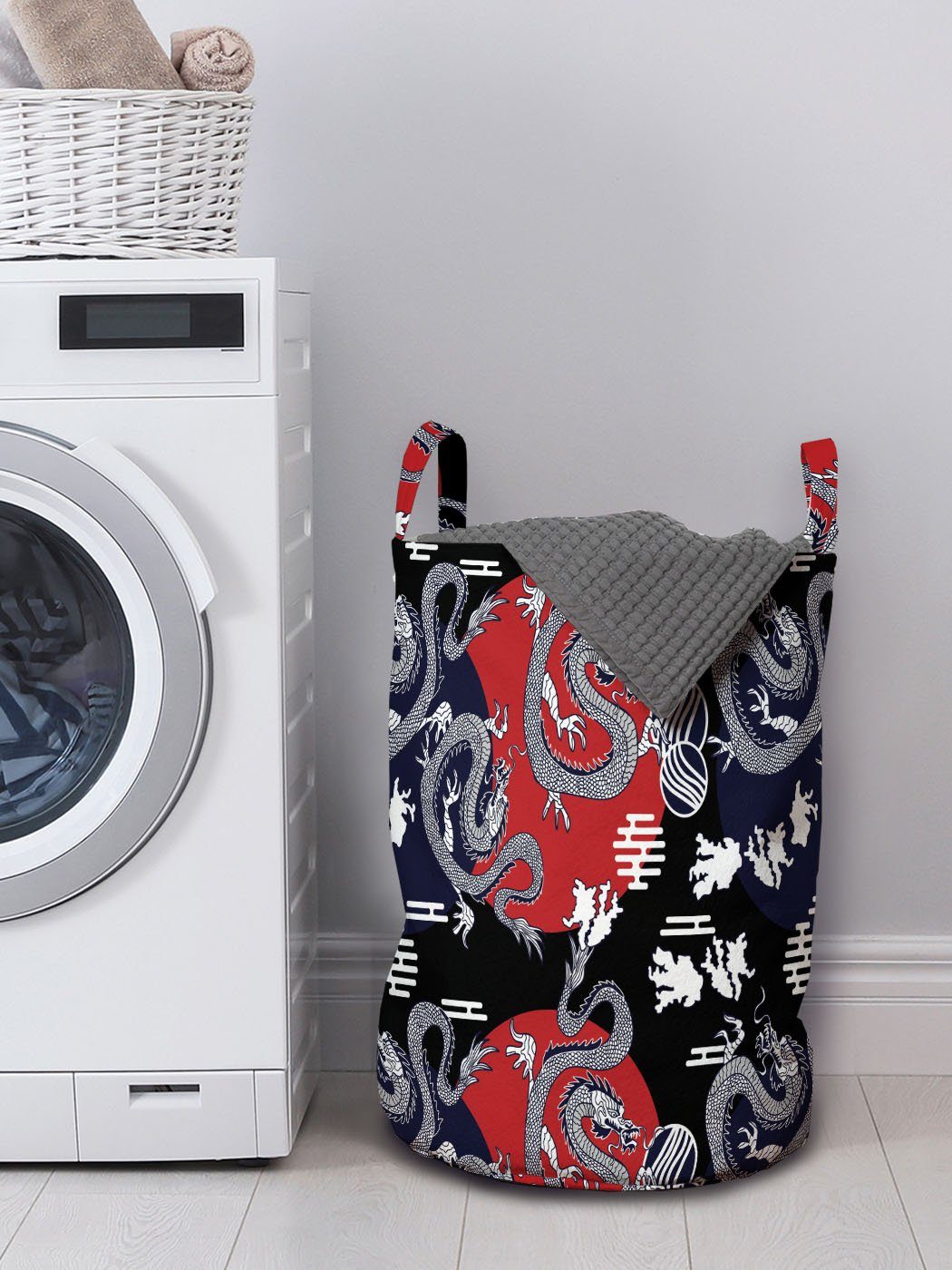 Waschsalons, kurvt Tails Griffen für Drachen mit Wäschekorb Kunstwerk Kordelzugverschluss Japan Abakuhaus Wäschesäckchen