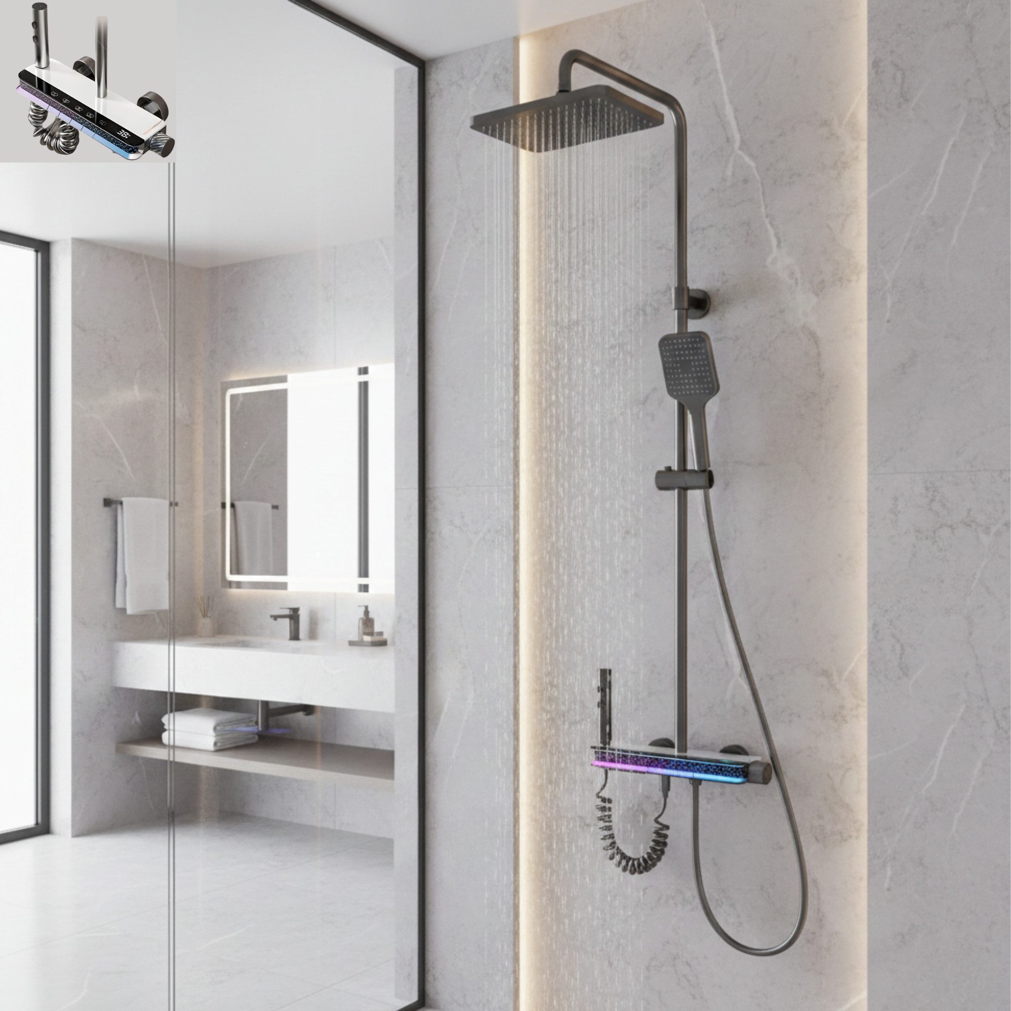 LuxaSteel Duscharmatur Thermostat Duschsystem grau – 4-in-1 Duschpaneel mit LED Beleuchtung (Komplettset, Komplett-Set) mit LED-Beleuchtung & Temperaturanzeige