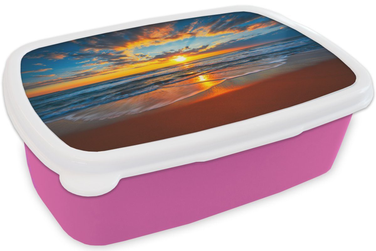 MuchoWow Lunchbox Meer (2-tlg), - Orange, rosa Kunststoff, Brotdose Erwachsene, Sonnenuntergang Mädchen, Brotbox Wolken - Kunststoff Strand - - Kinder, für Snackbox