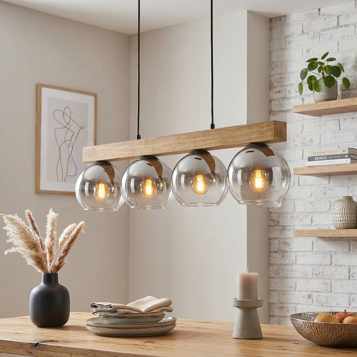 hofstein Hängeleuchte Hängelampe aus Metall/Holz/Glas in Schwarz/Natur/Chrom/Rauch/Klar, ohne Leuchtmittel, moderne Pendelleuchte im Boho/Vintage-Design mit Holzbalken, 4 x E14