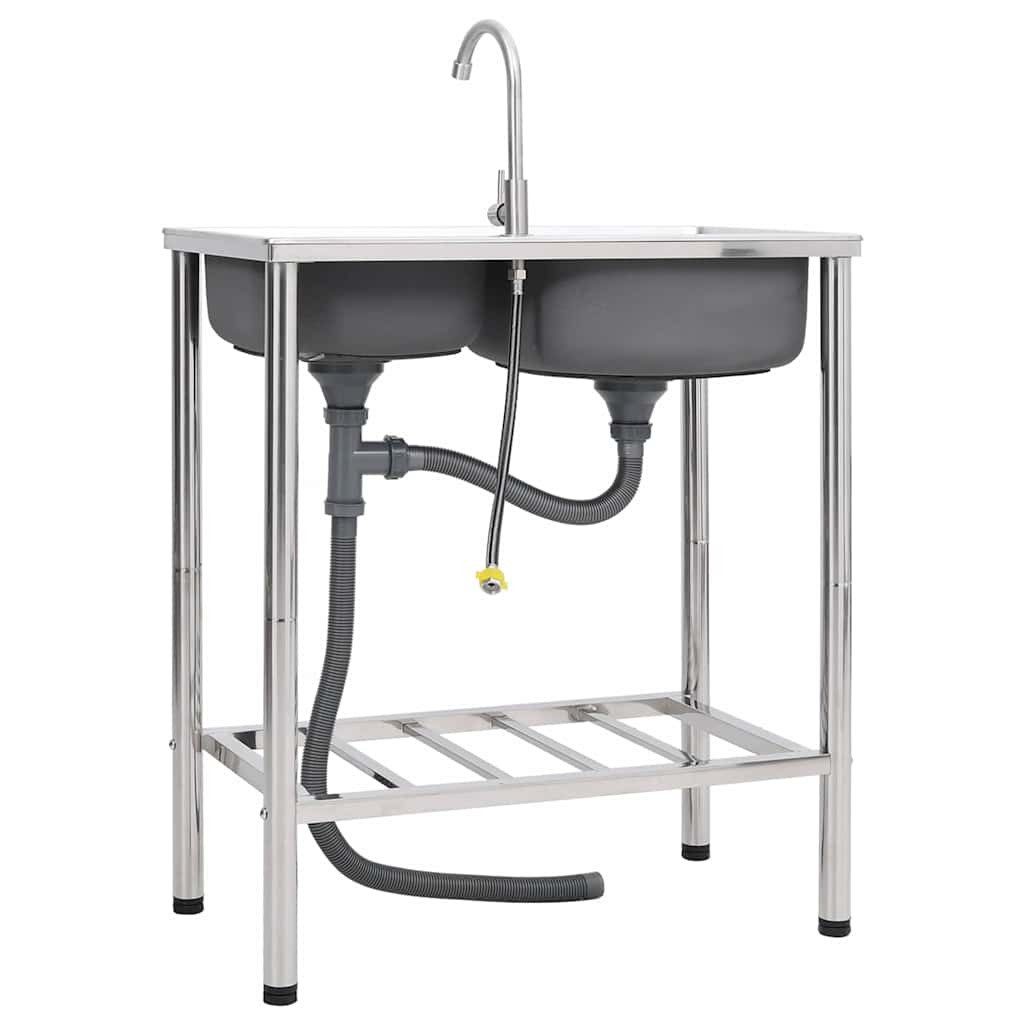 vidaXL Granitspüle Camping-Spüle mit Doppelbecken und Wasserhahn Edelstahl, 42/76 cm – Bild 4 von 5