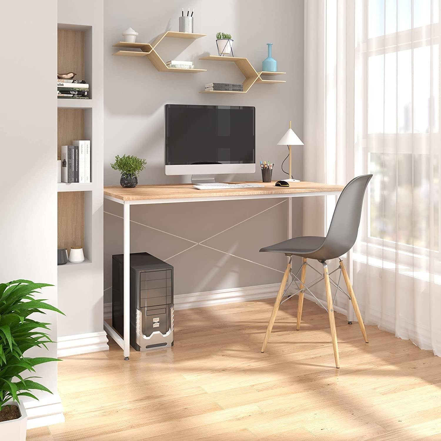 Woltu Schreibtisch (1-St), PC Holz Tisch aus cm und Stahl, ca.120x60x70 Weiss+hell Eiche