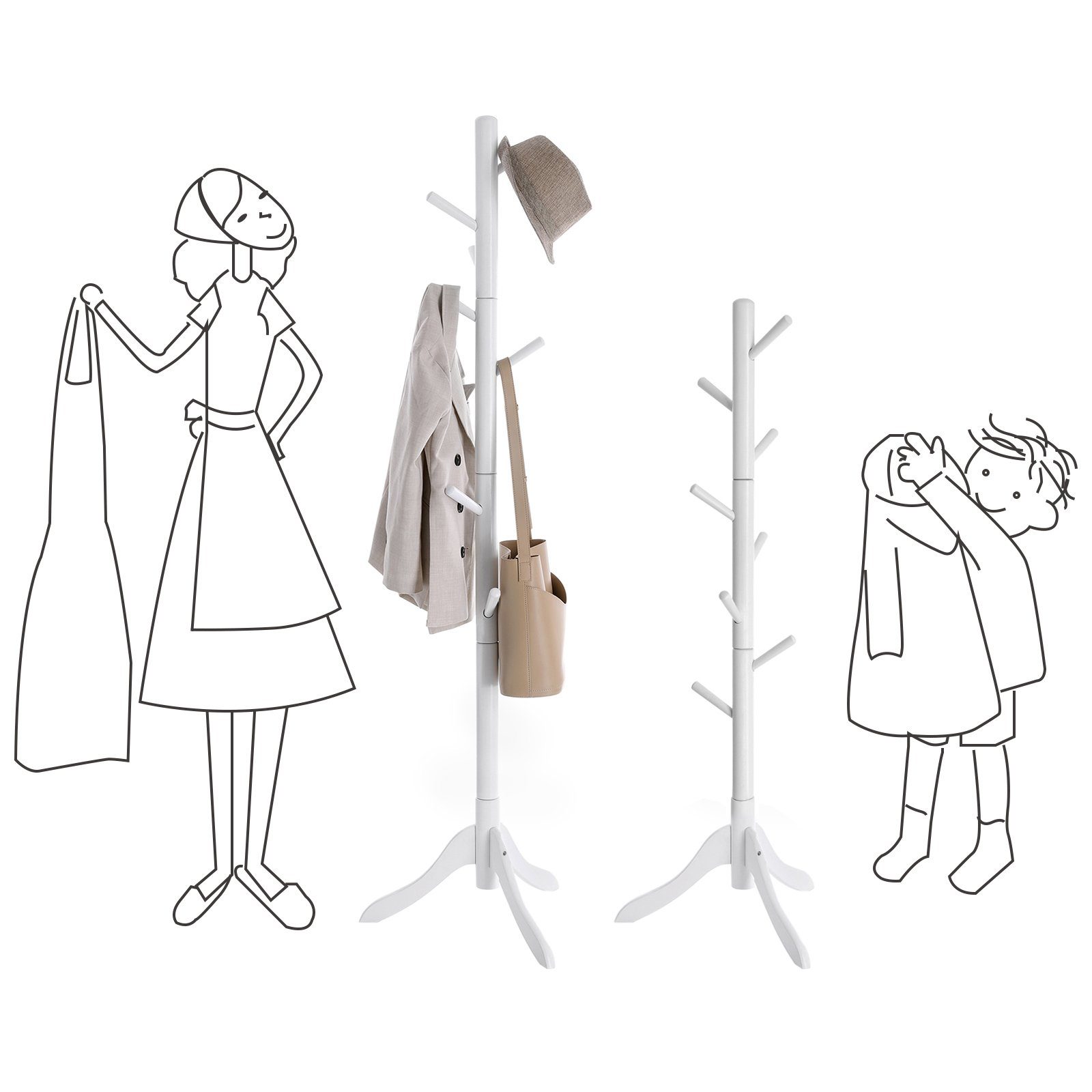 Haken mit Garderobenständer Kleiderständer, aus Baumform, Massivholz, 8 VASAGLE Weiß