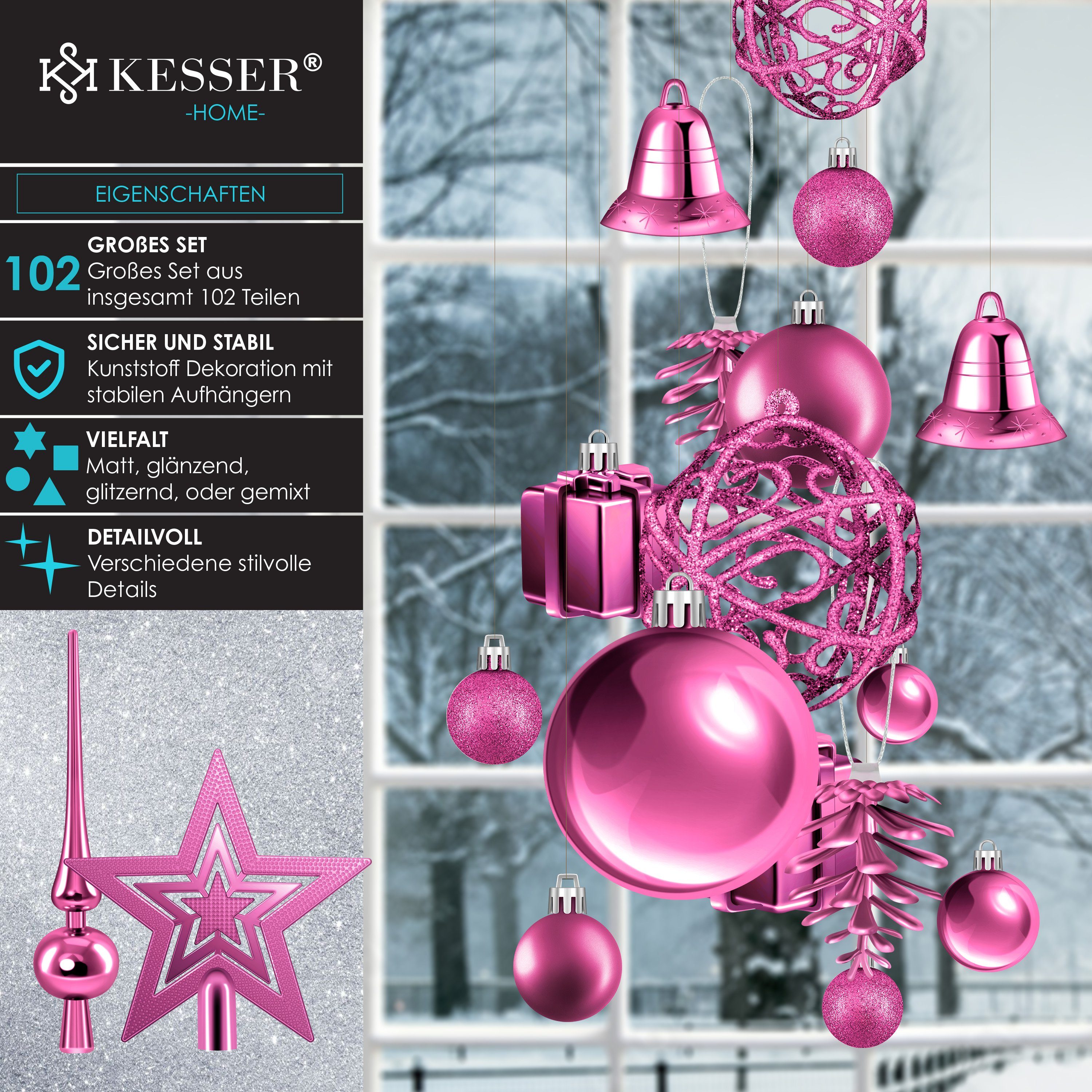 KESSER Baumspitze 102-teiliges Christbaumkugeln (102-tlg), Christbaumschmuck Weihnachtskugeln Set pink