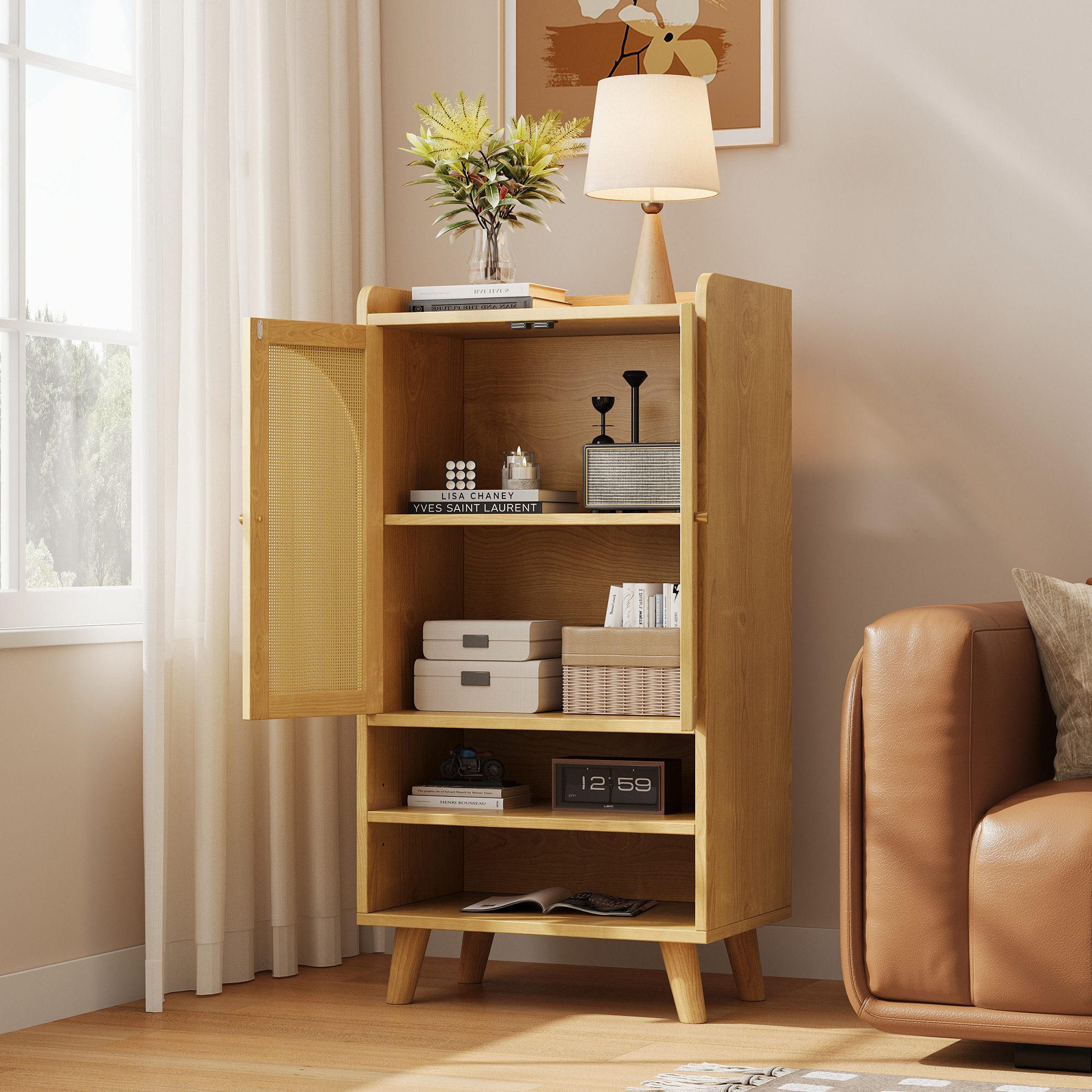 Merax Sideboard Kommode mit 2 Rattantüren und 2 offenen Fächern (1 St., Stauraum Buffet, Holz Anrichte), für Wohnzimmer, Küche oder Flur, 60×40×121 cm – Bild 5 von 5