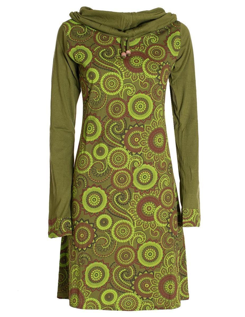 Vishes Jerseykleid Langarm Kleid Schal-Kleid Winterkleider Baumwollkleid Hippie, Goa, Ethno Style olive