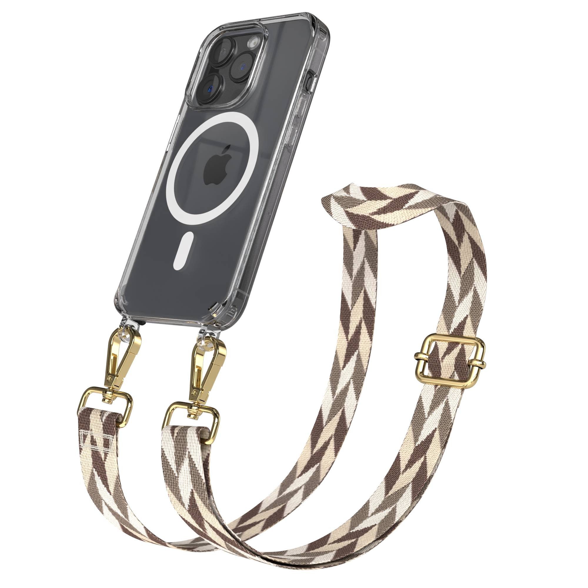 EAZY CASE Handykette Umhängeband MagSafe Hülle für Apple iPhone 15 Pro 6,1 Zoll, Handyhülle Magnet MagSafe mit Rope Band Mix Braun Taupe