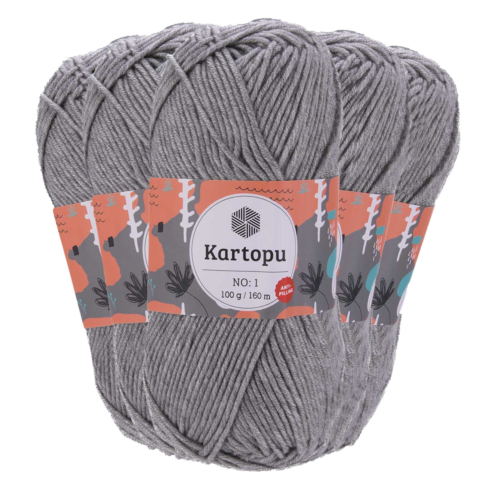maDDma 5 x 100g Strickwolle Kartopu NO:1 Polyacryl-Wolle Anti Pilling Effekt Häkelwolle, 800 m (Sparpaket), K1000 silbergrau