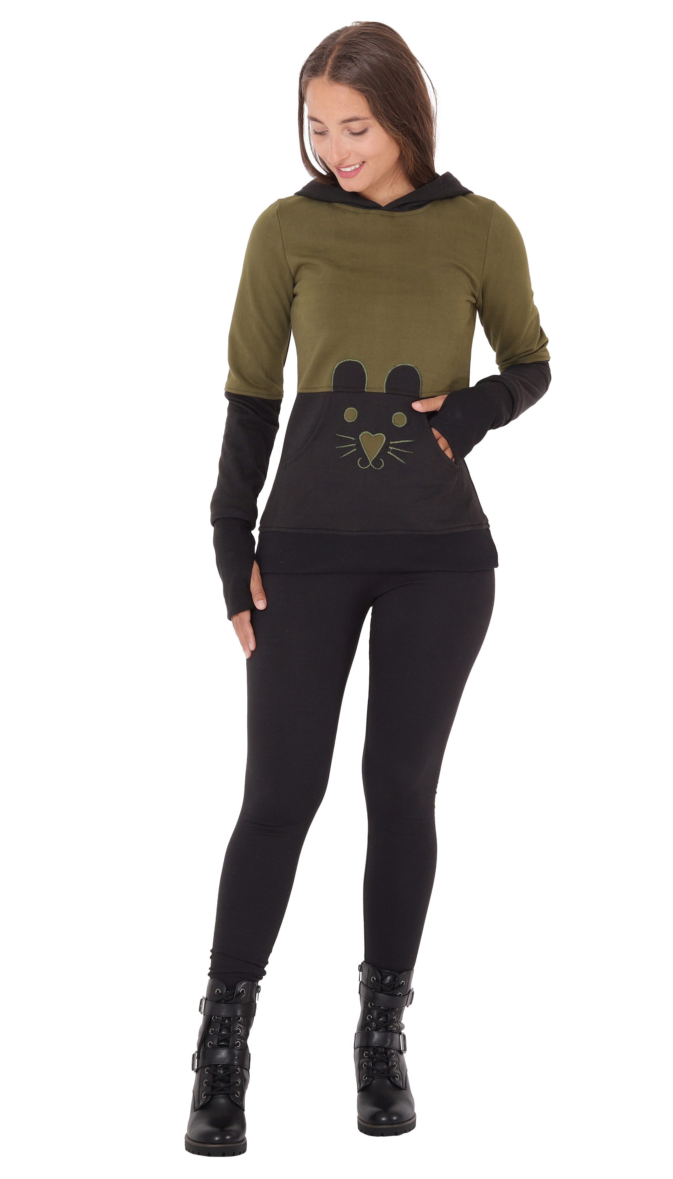 PUREWONDER Kapuzenpullover Pullover Hoodie Kapuzenpullover mit Katze dr34 Grün S fürs ganze Jahr