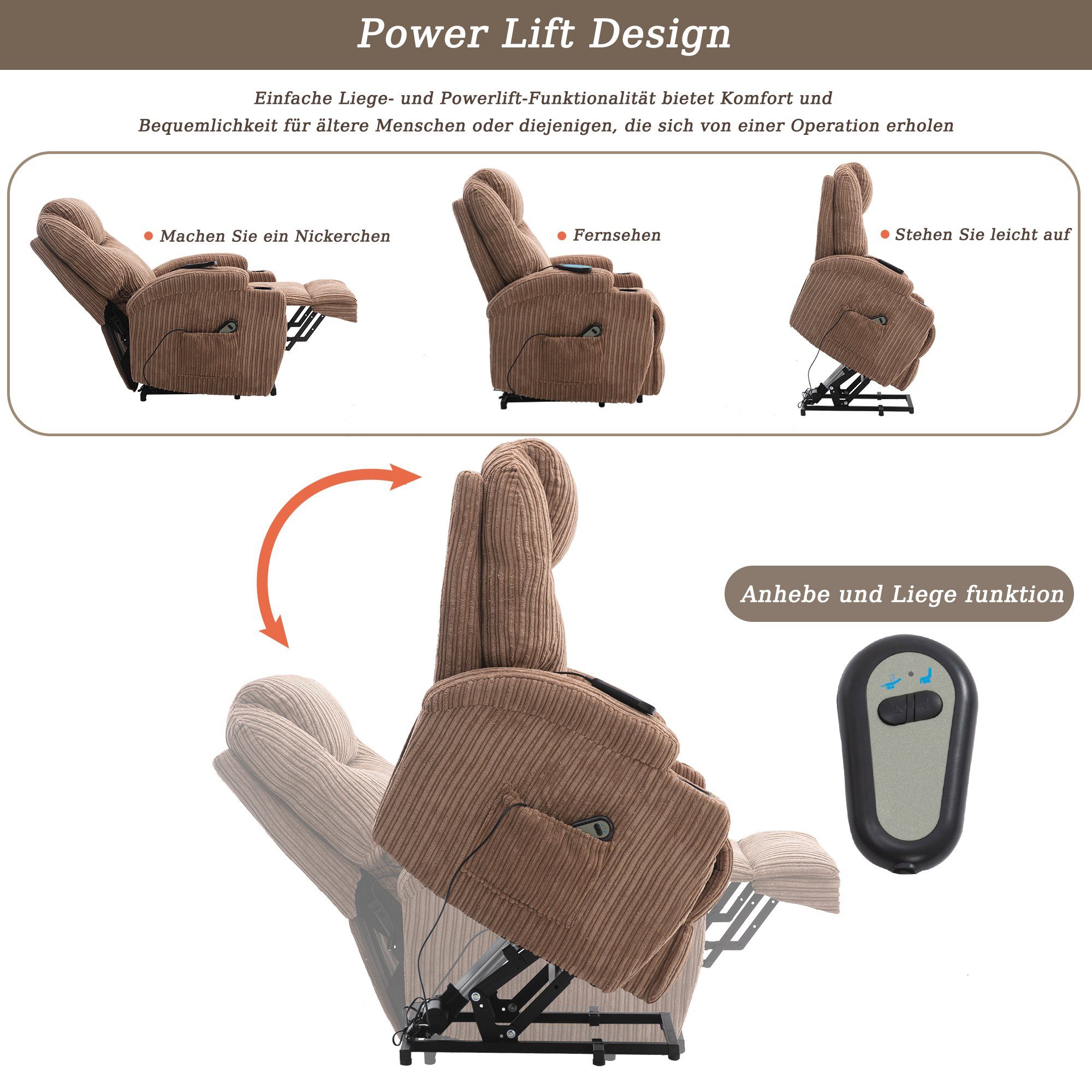 bis | (Liegefunktion, CAT Fernsehsessel und Braun belastbar Wärmefunktion Aufstehhilfe, zu Braun TV-Sessel 130 kg mit Braun | Vibrationsmassage), PHOEBE