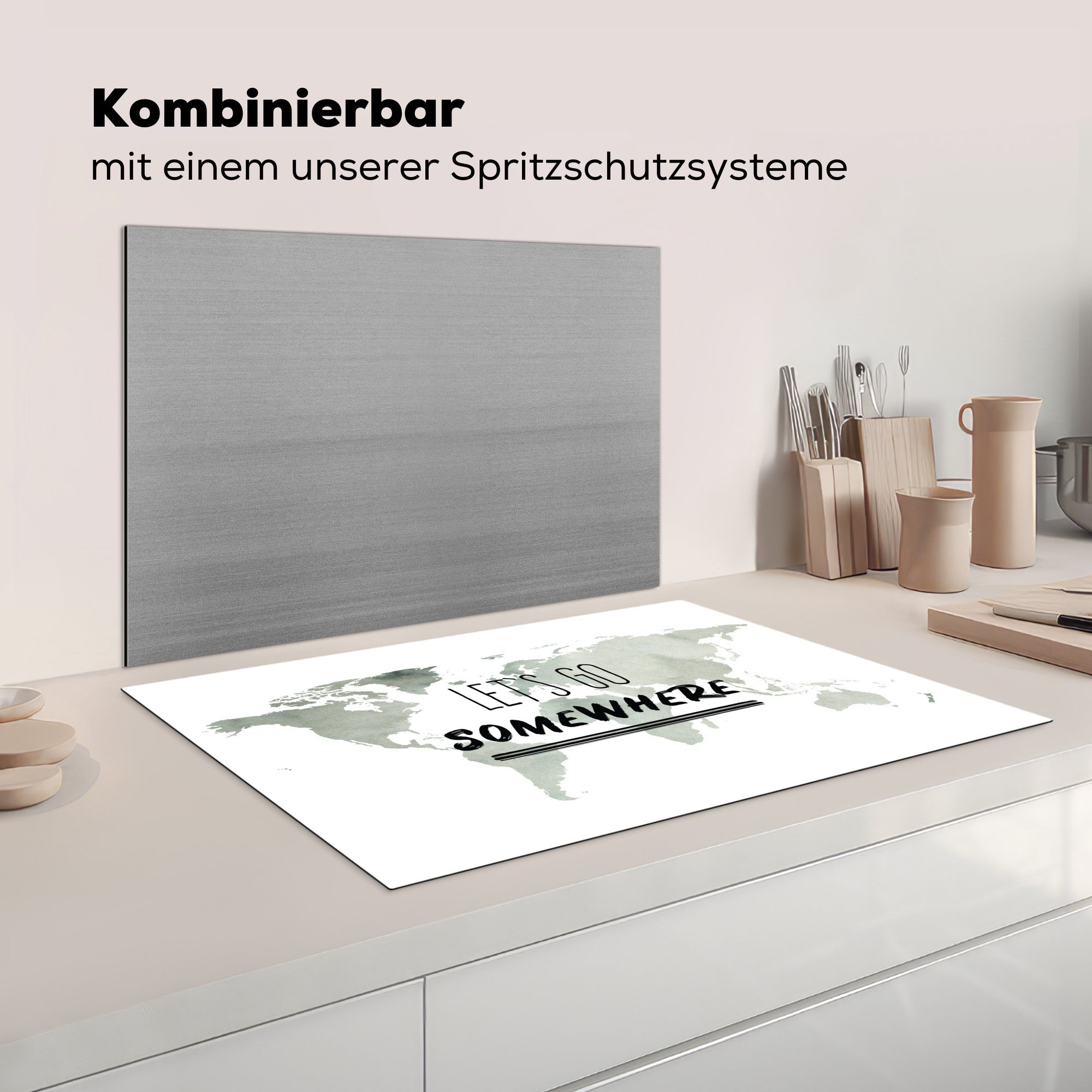 (1 für - Weltkarte MuchoWow Zitat, die tlg), Einfach Herdblende-/Abdeckplatte - cm, Schutz Vinyl, Ceranfeldabdeckung küche, 81x52 Induktionskochfeld