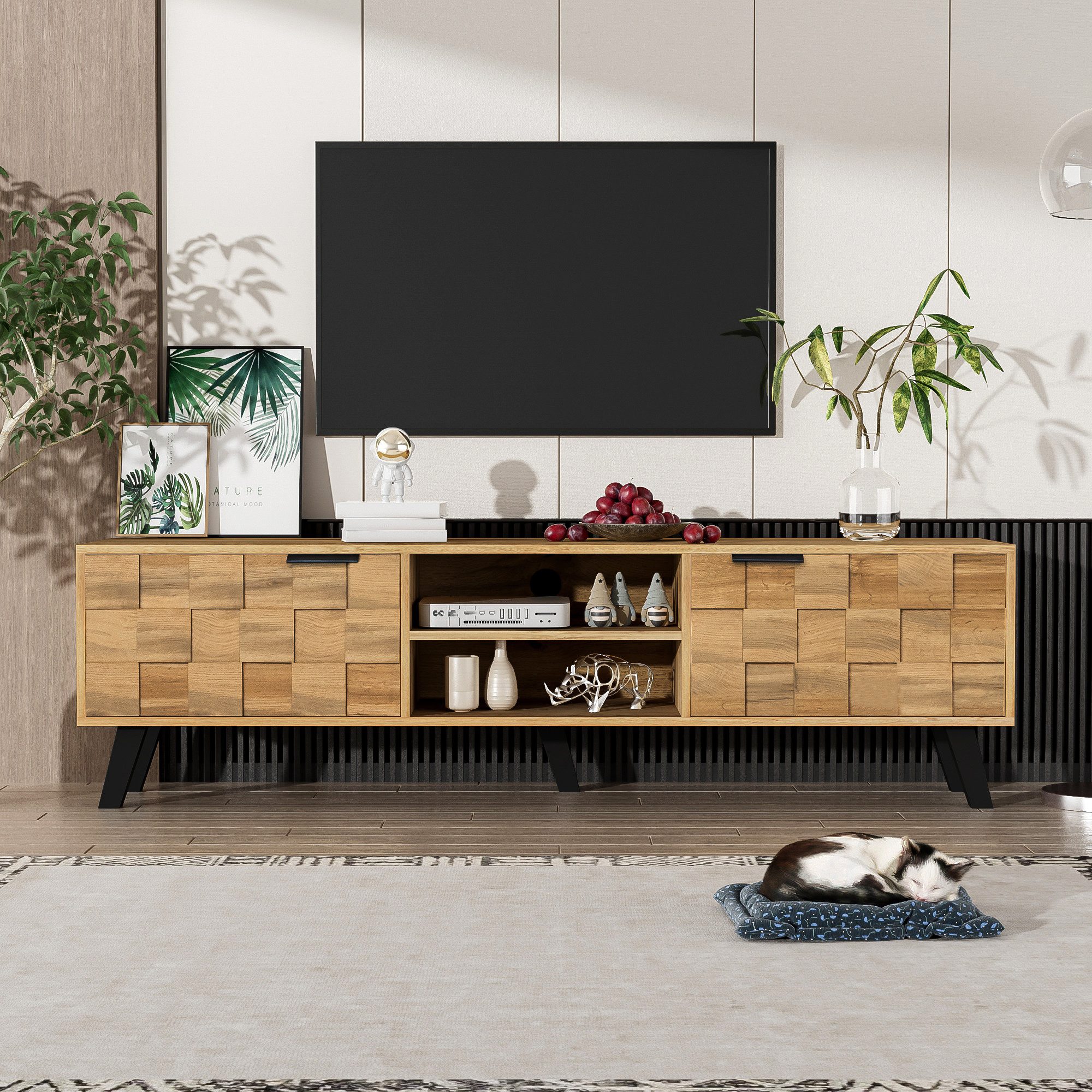 MODFU Lowboard mit Dämpfungsscharnieren (Fernsehtisch,TV-Board,TV-Ständer, 1 St., 2 Türen, 2 offenen Fächern), mit Holzmaserungsdesign