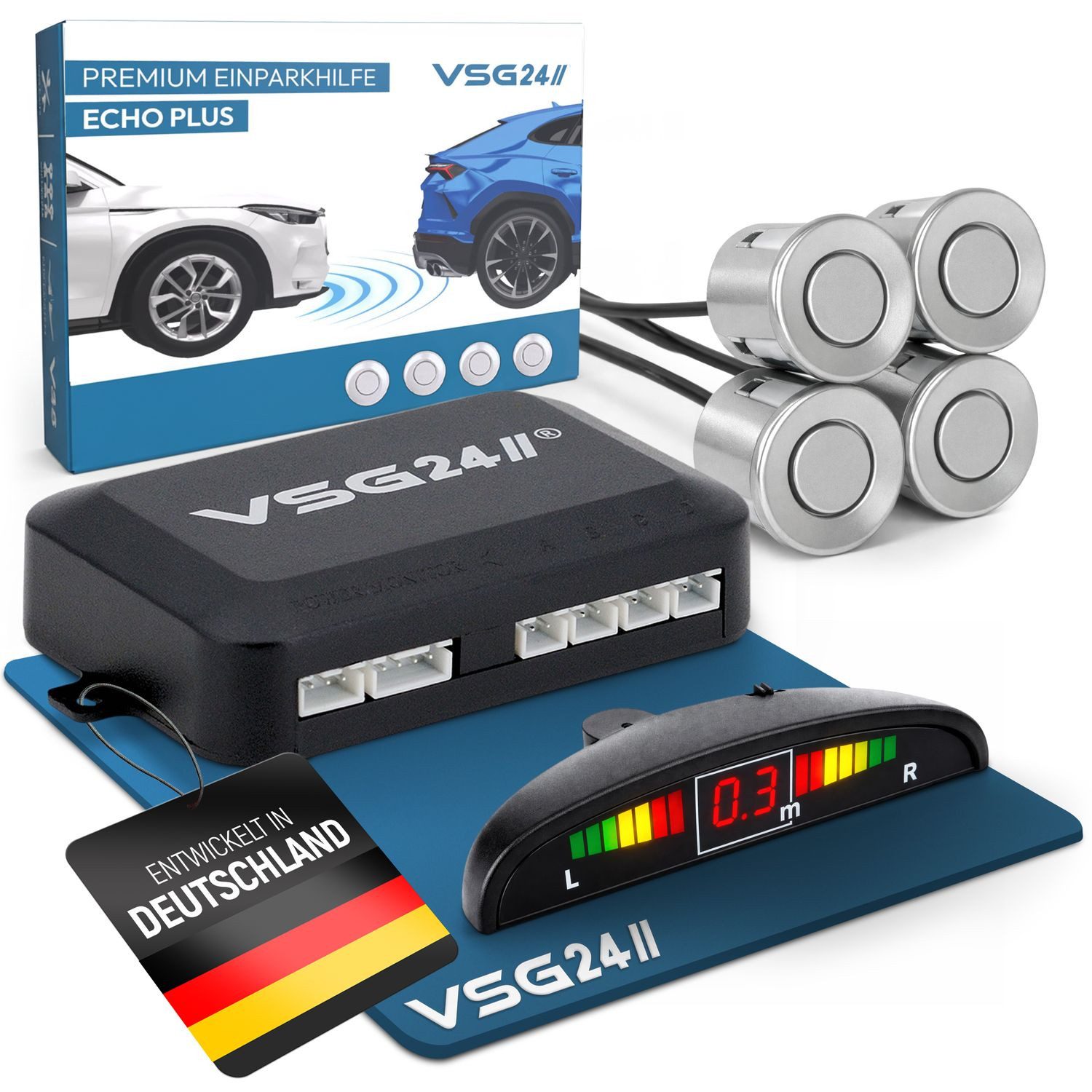 VSG24 Premium Einparkhilfe ECHO PLUS VORNE Display Parkhilfe zum nachrüsten Rückfahrkamera (Rückfahrwarner mit Display & 4 Sensoren Stecksystem Nachrüstsatz PDC)