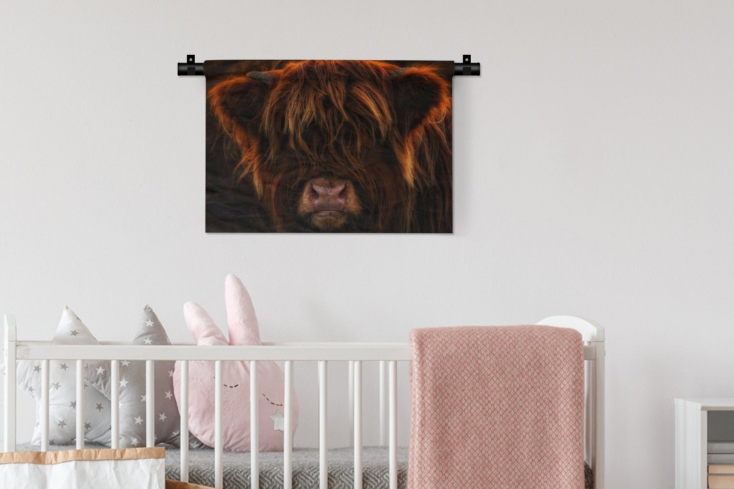 für Porträt, Wanddeko Wohnzimmer, Kleid, Highlander - MuchoWow Wanddekoobjekt Kuh Schottischer Kinderzimmer - Schwarz Wandbehang, - Schlafzimmer,