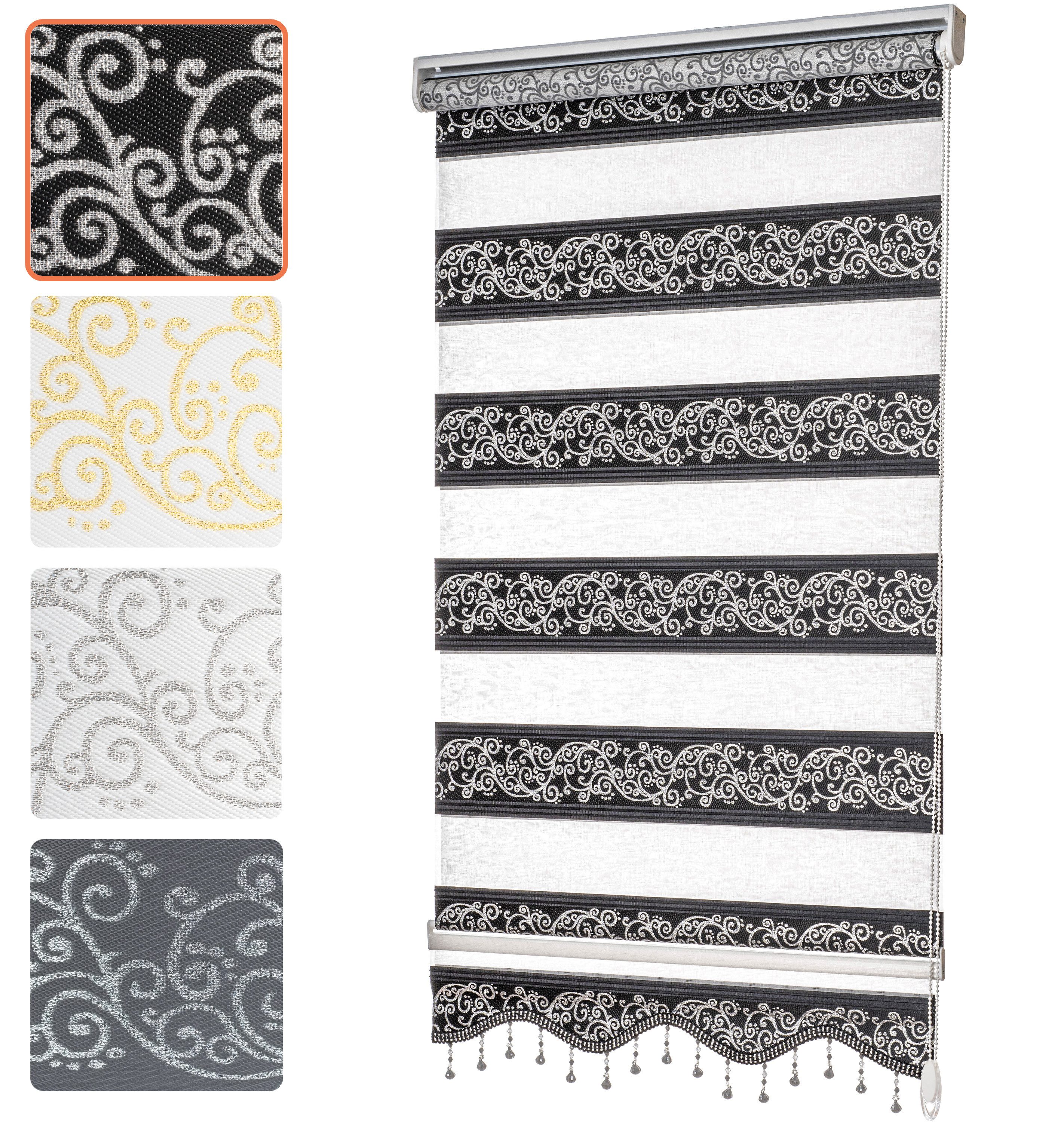 Doppelrollo ohne Bohren, Doppelrollo für Fenster mit Muster, Bailena, Lichtschutz, ohne Bohren, freihängend, Klemmfix, Duo Роллы mit Perlen, glitzernd, Ranken Blumen Motiv