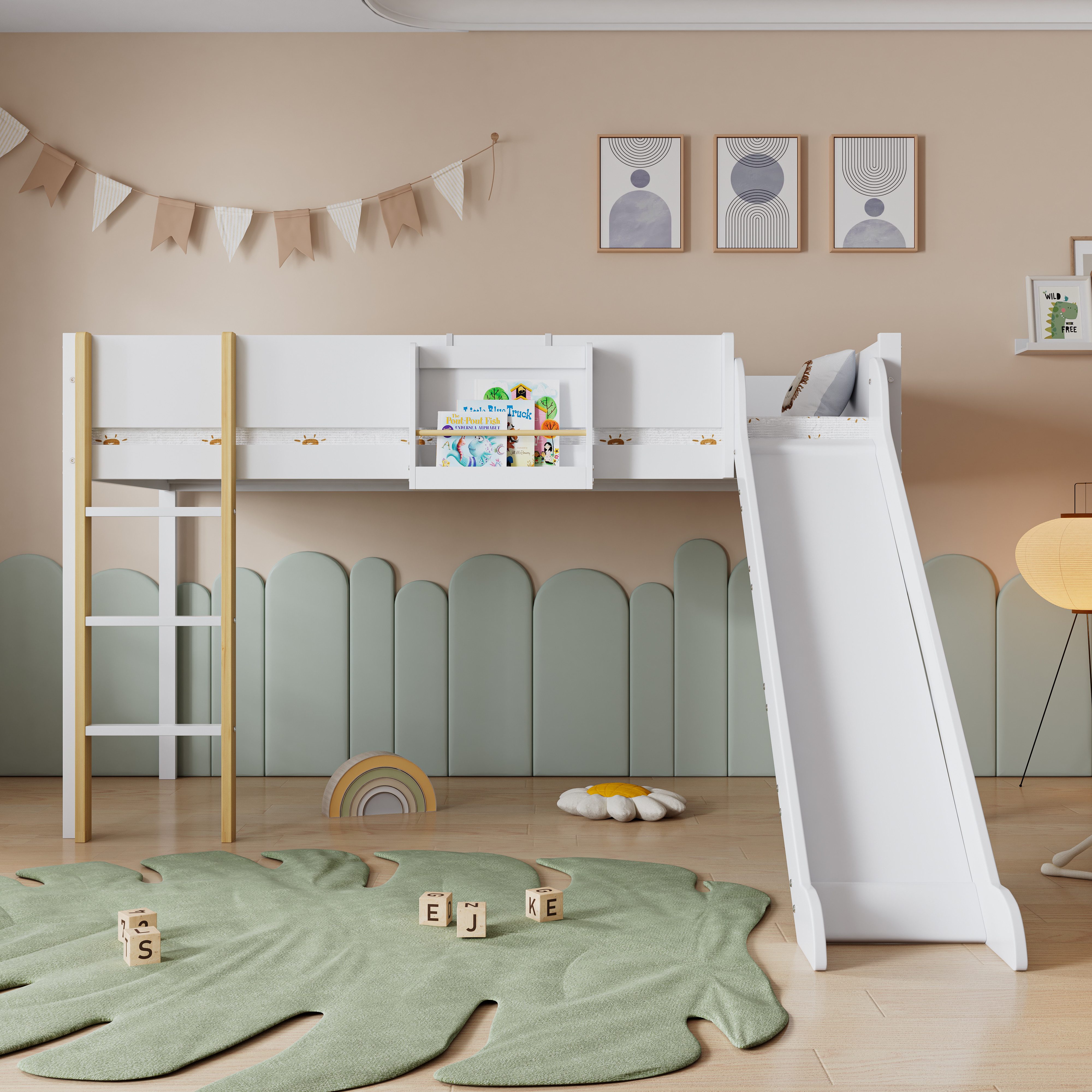 TavilaEcon Hochbett Kinderbett Jugendbett mit Rutsche und dreistufiger gerader Leiter mit abnehmbarem Regal, Kiefer+MDF, Weiß+Natur, 90x200cm